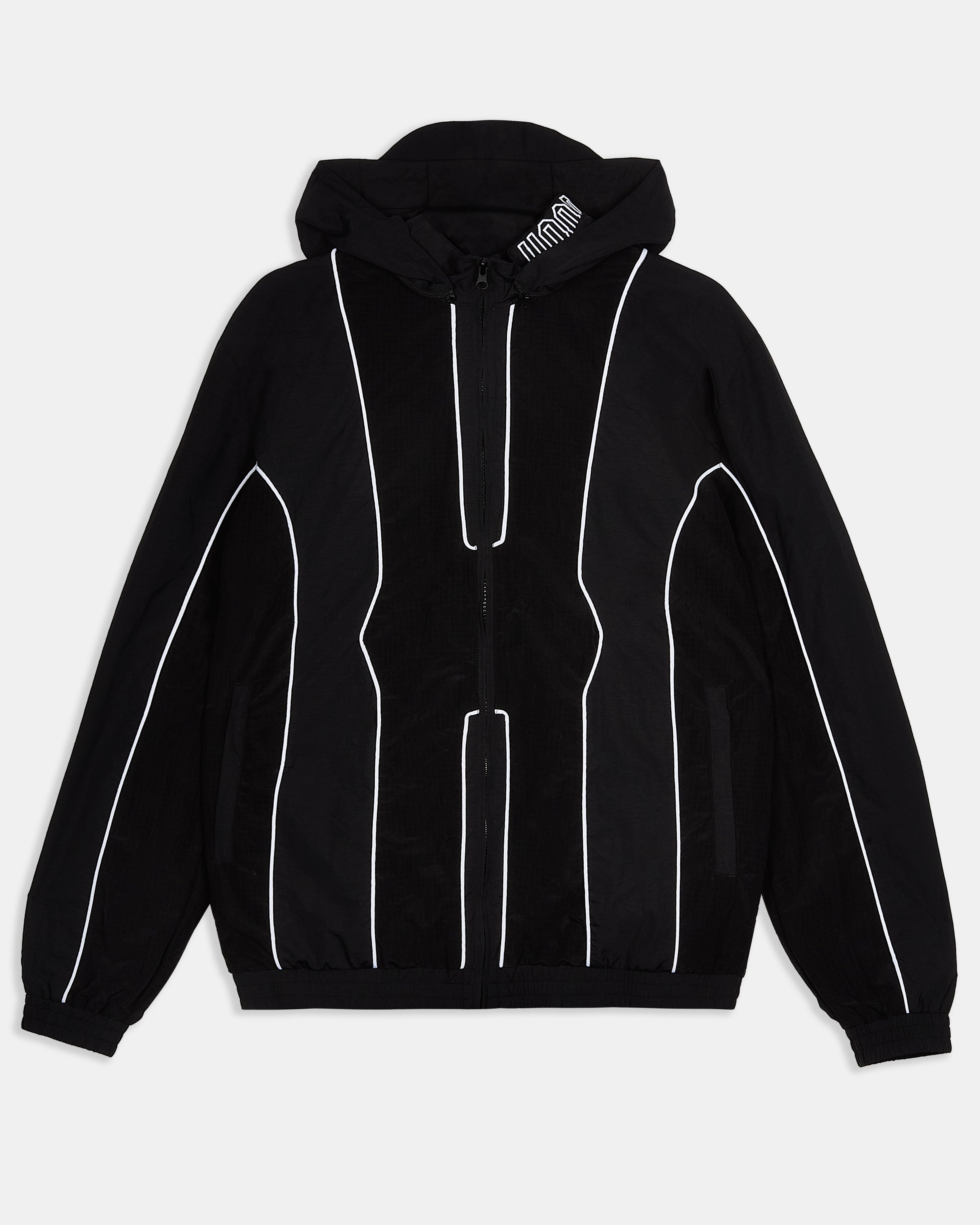 Black hoodie with white lines on a light gray background