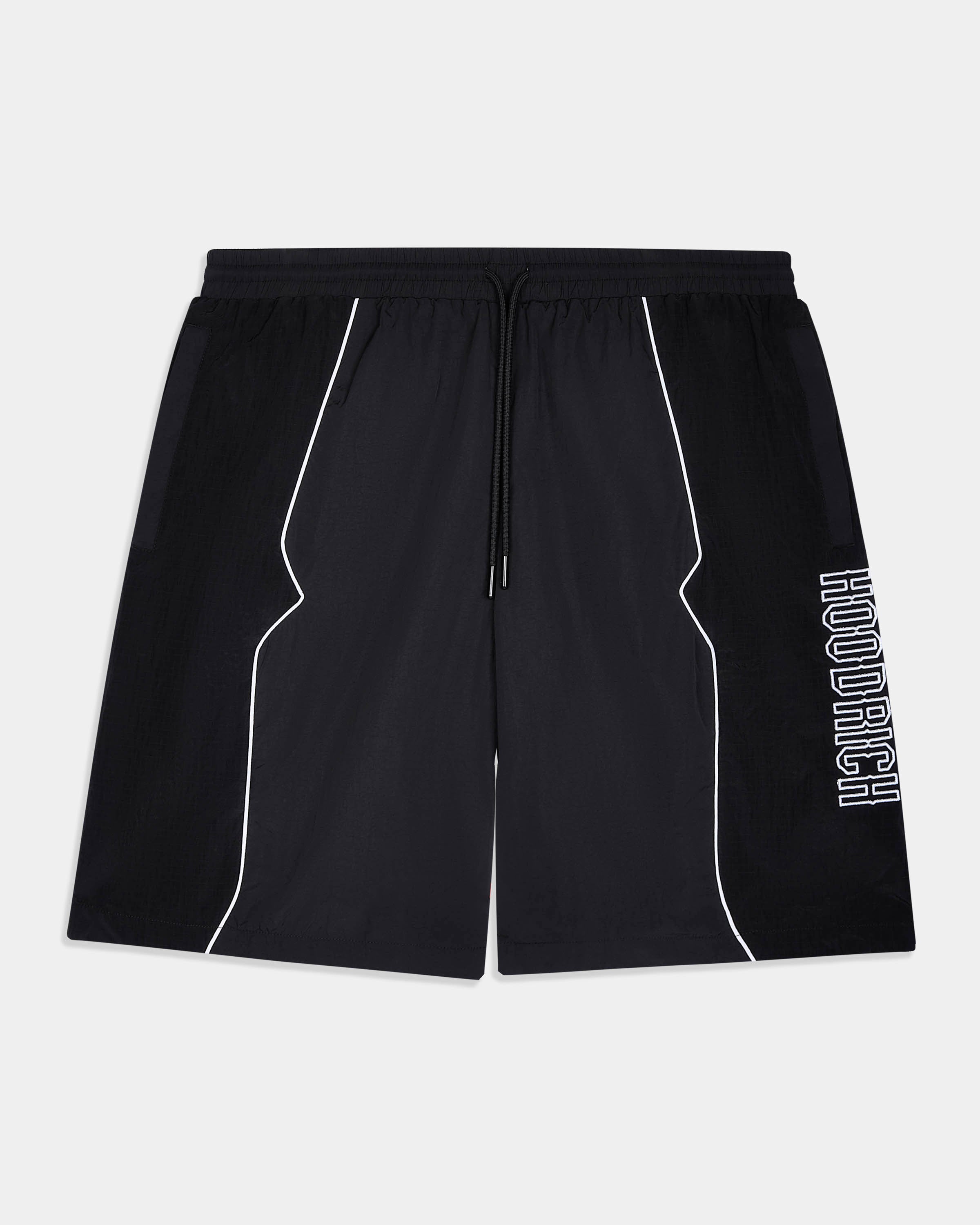 Black athletic shorts with white contrast piping and a vertical white 'HOODRICH' logo on the left leg, shown flat against a light gray background.