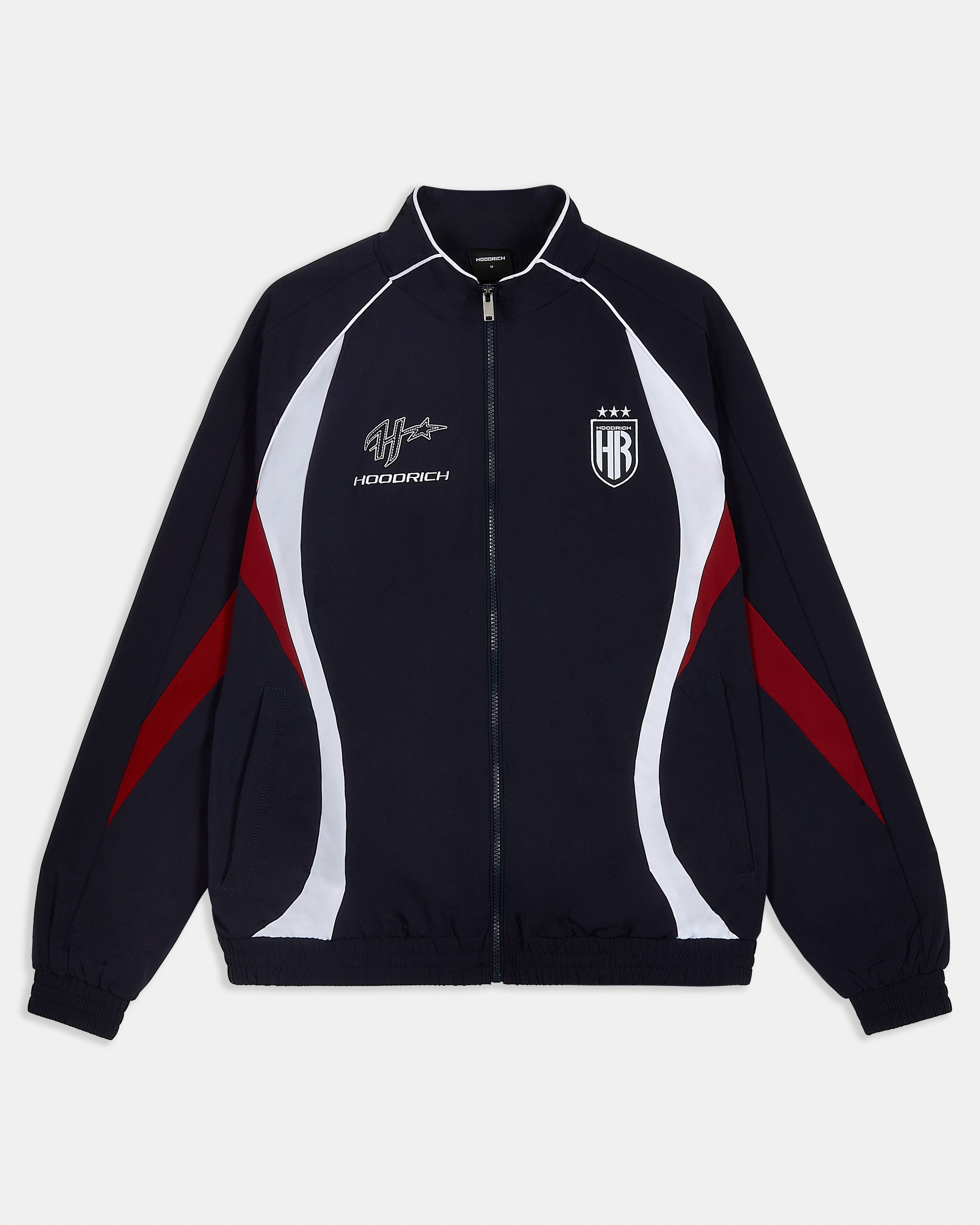 Black track jacket with red and white accents on a light gray background
