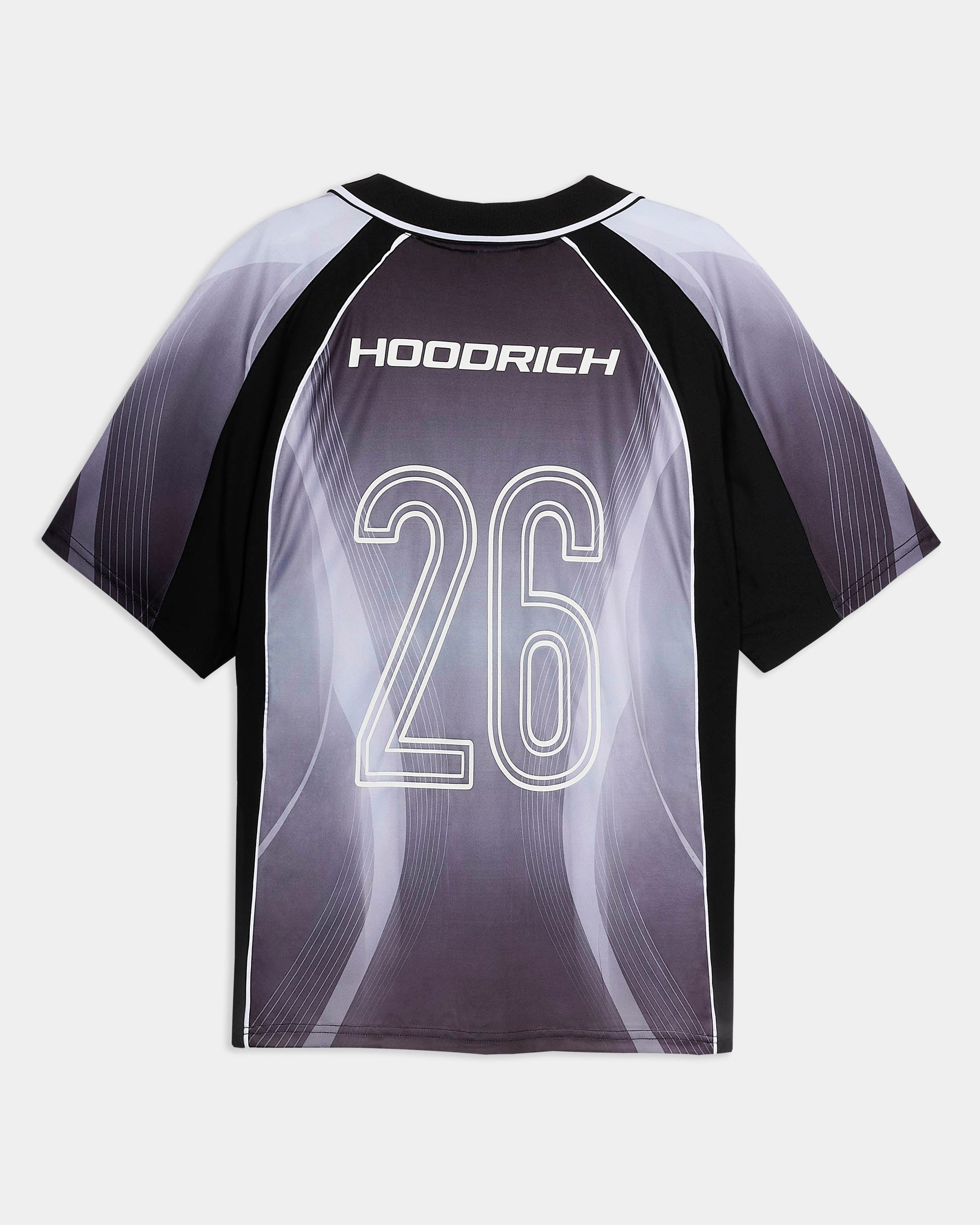 Black and gray sports jersey with 'Hoodrich' branding and number '26' on a white background