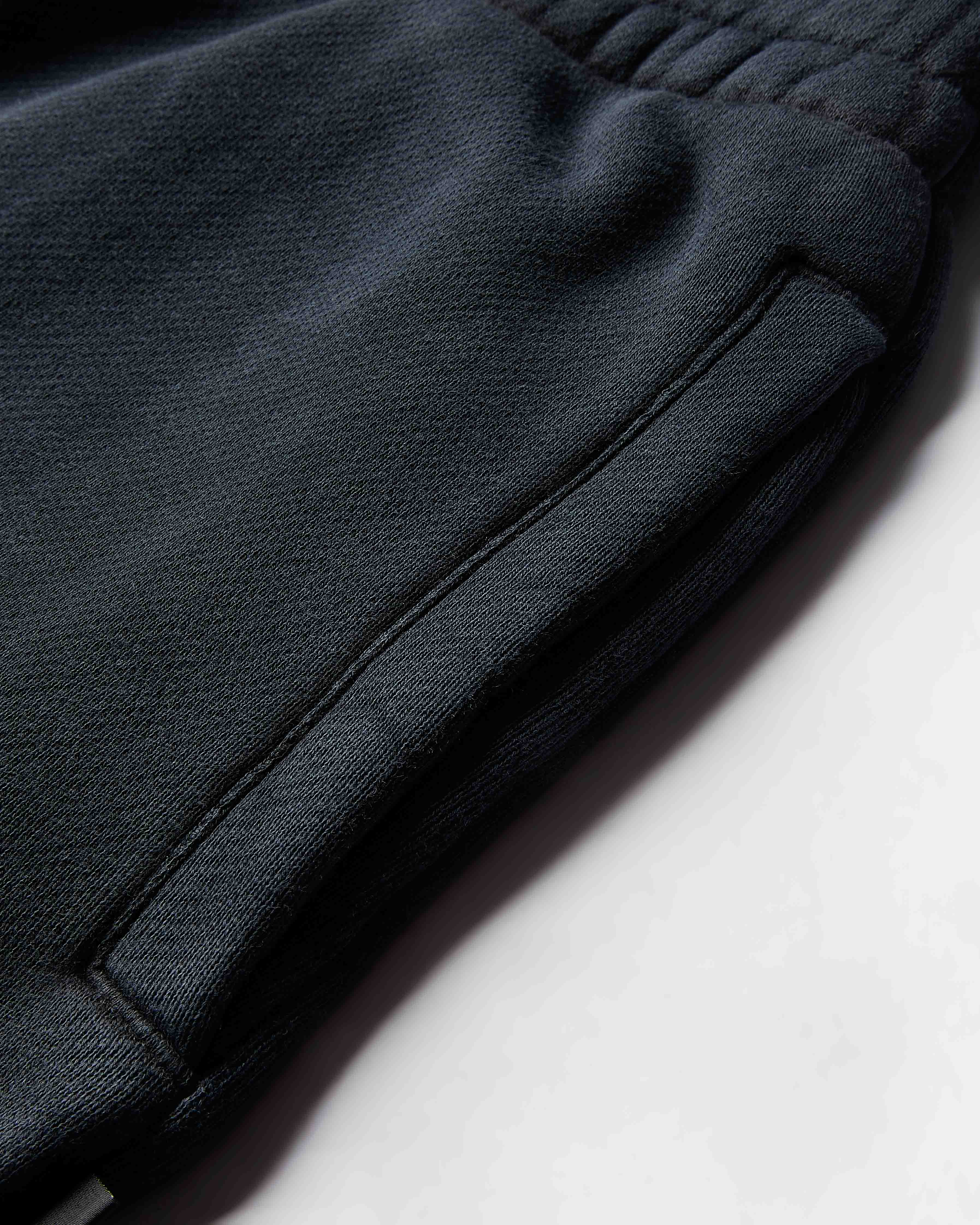 Close-up of dark gray sweatpants on a white background