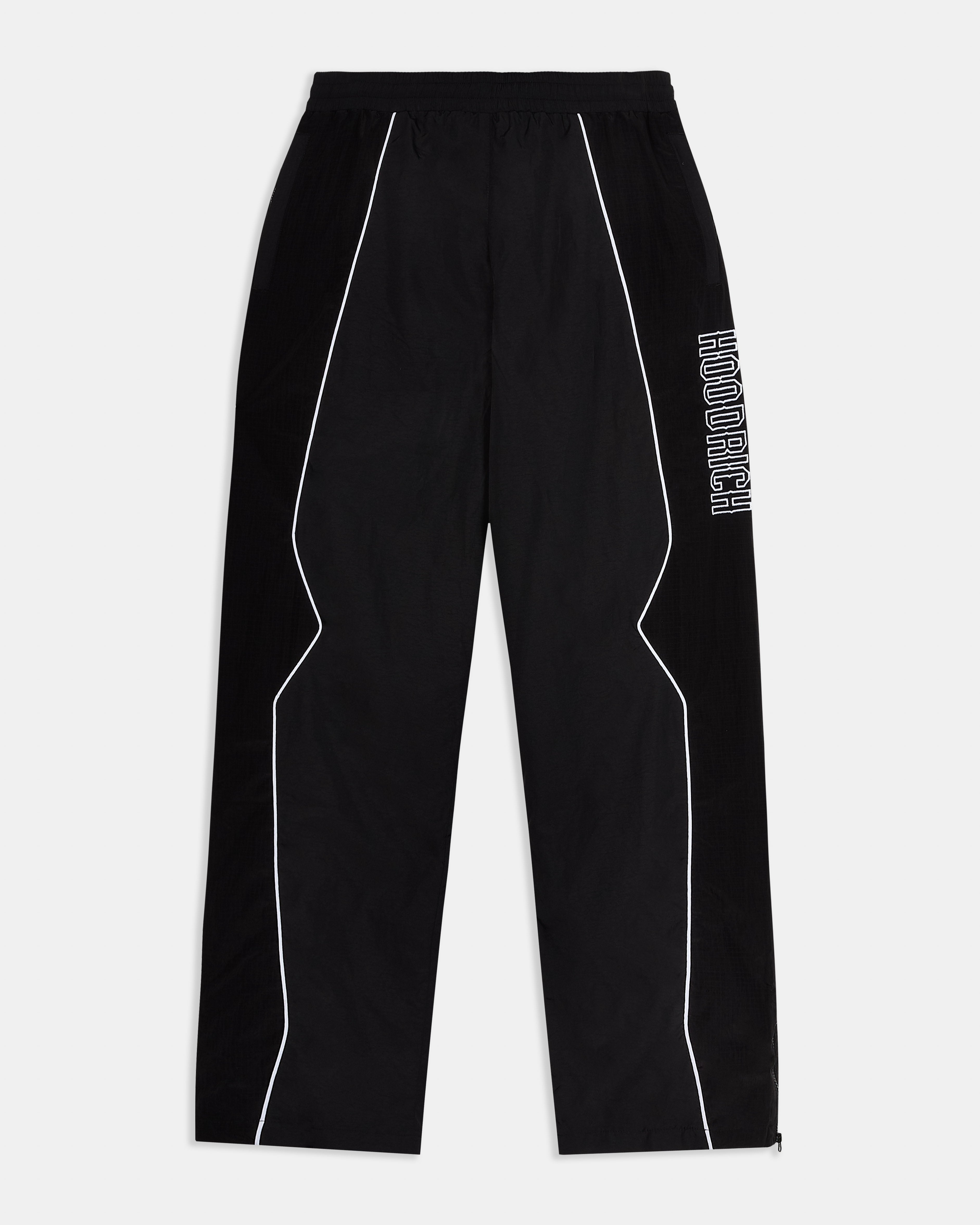 Black pants with white piping and branding on a light gray background