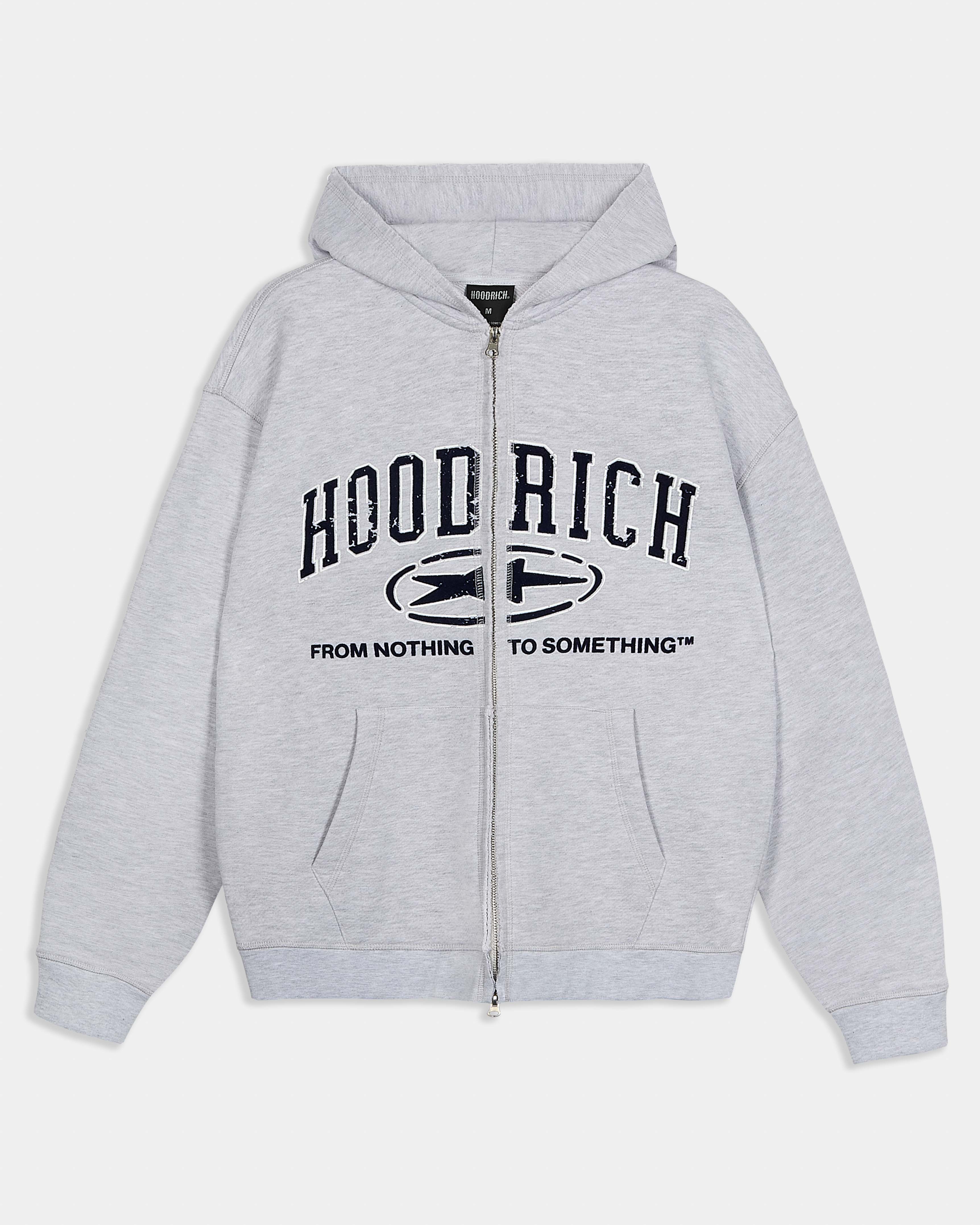 Gray hoodie with 'Hood Rich' text and logo on a white background