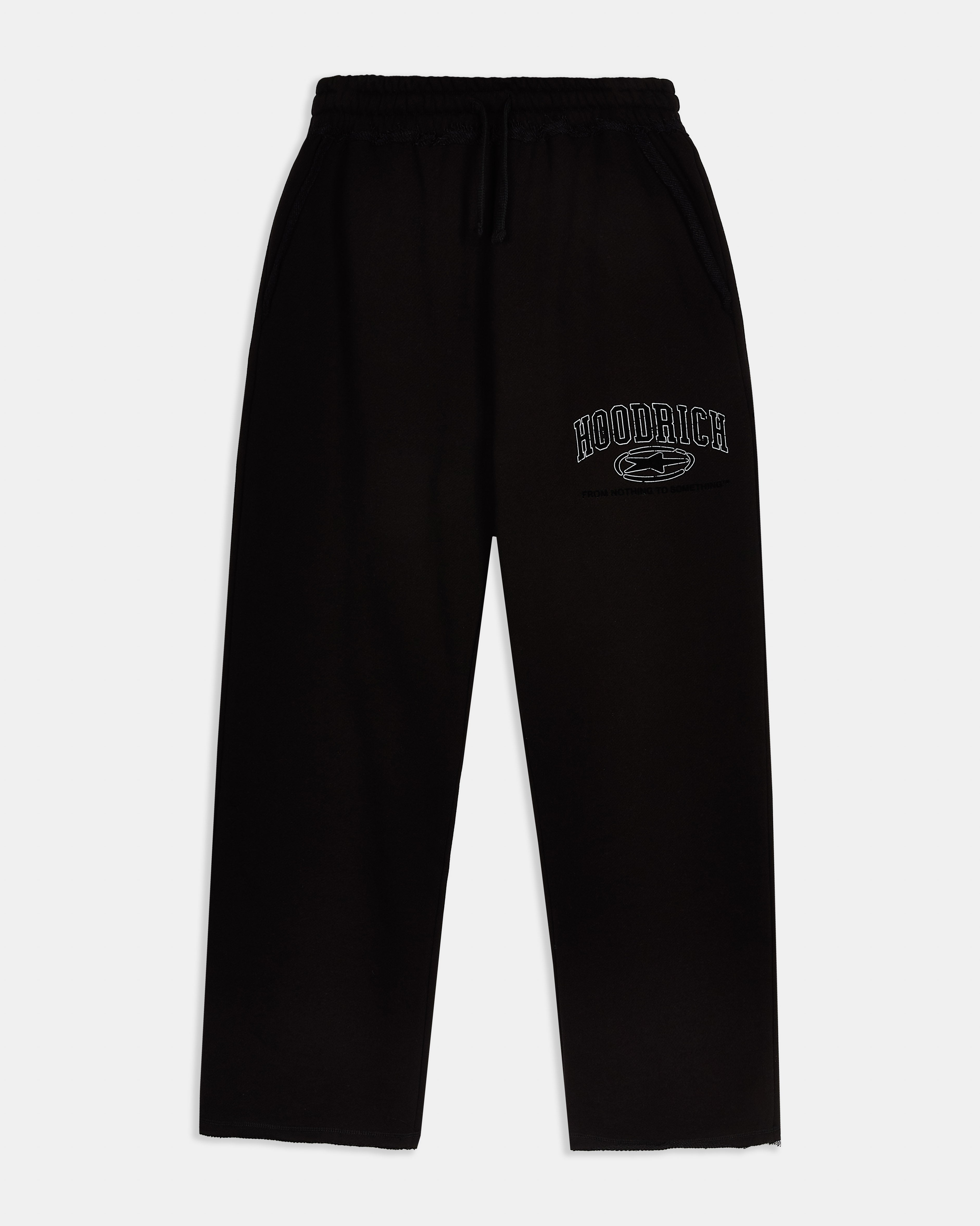Black sweatpants with a logo on the leg against a white background