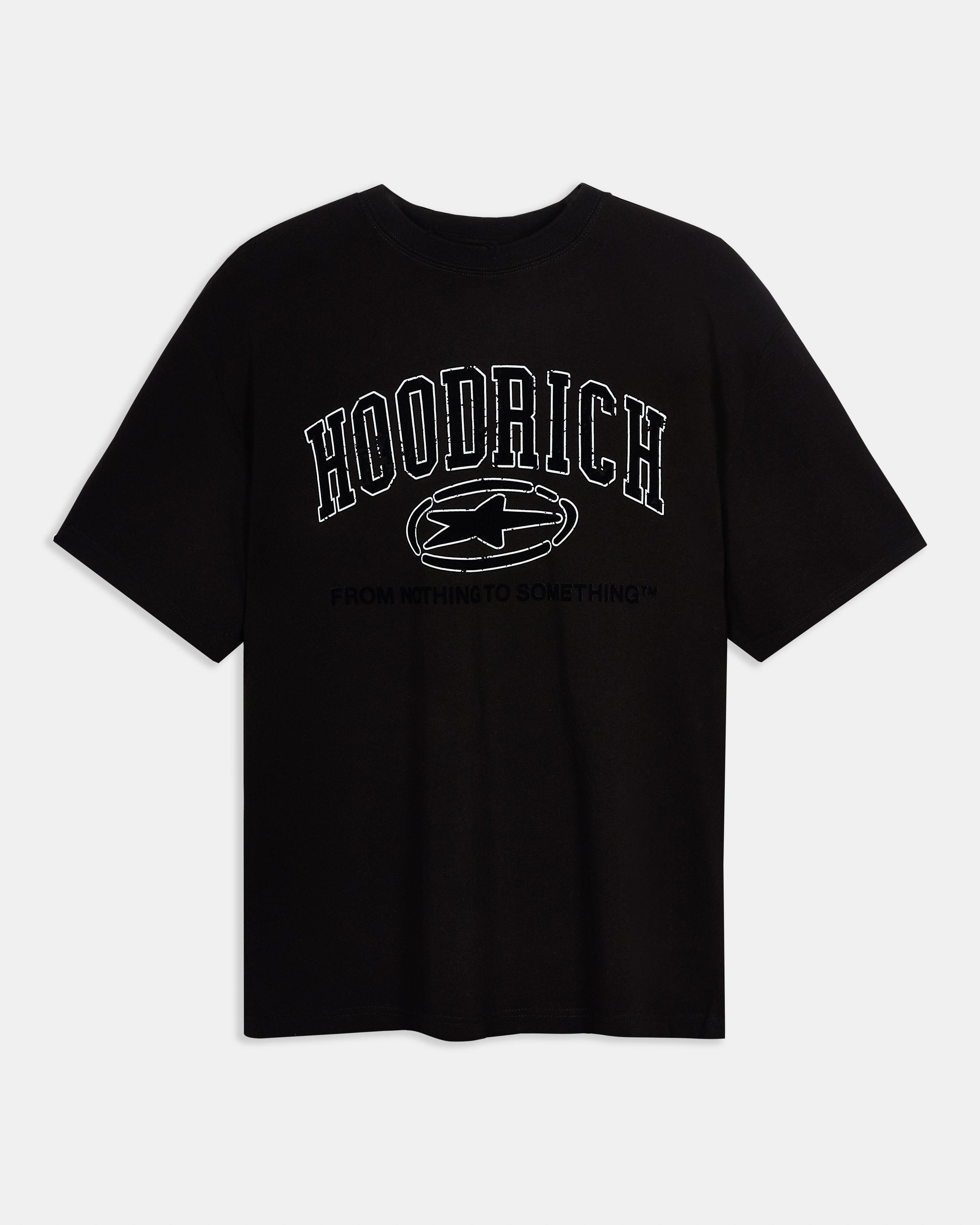 Black t-shirt with 'Hoodrich' logo and text on a white background