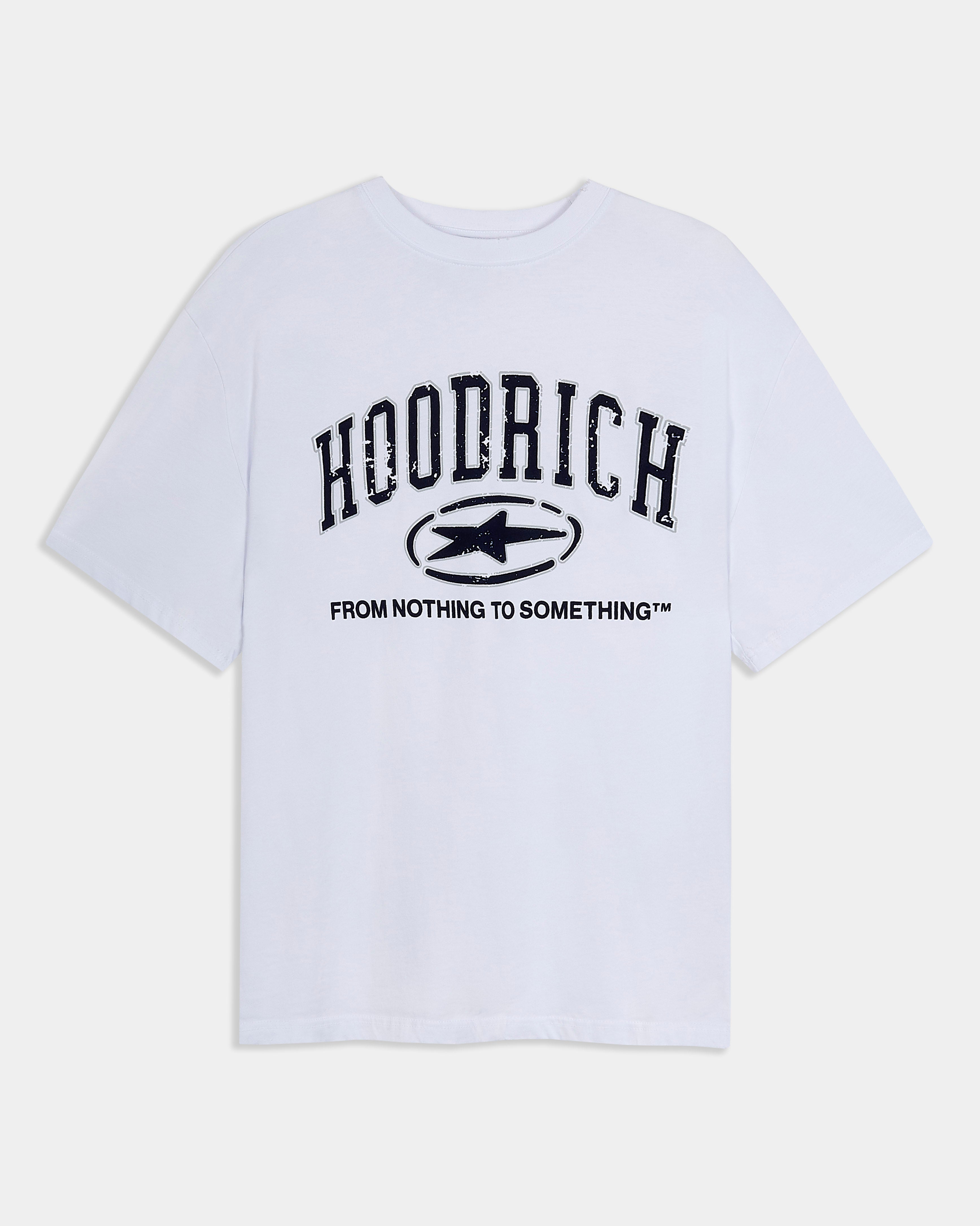 A white short-sleeve crewneck t-shirt with a black distressed graphic on the front reading 'HOODRICH' and 'FROM NOTHING TO SOMETHING™' with a star logo.