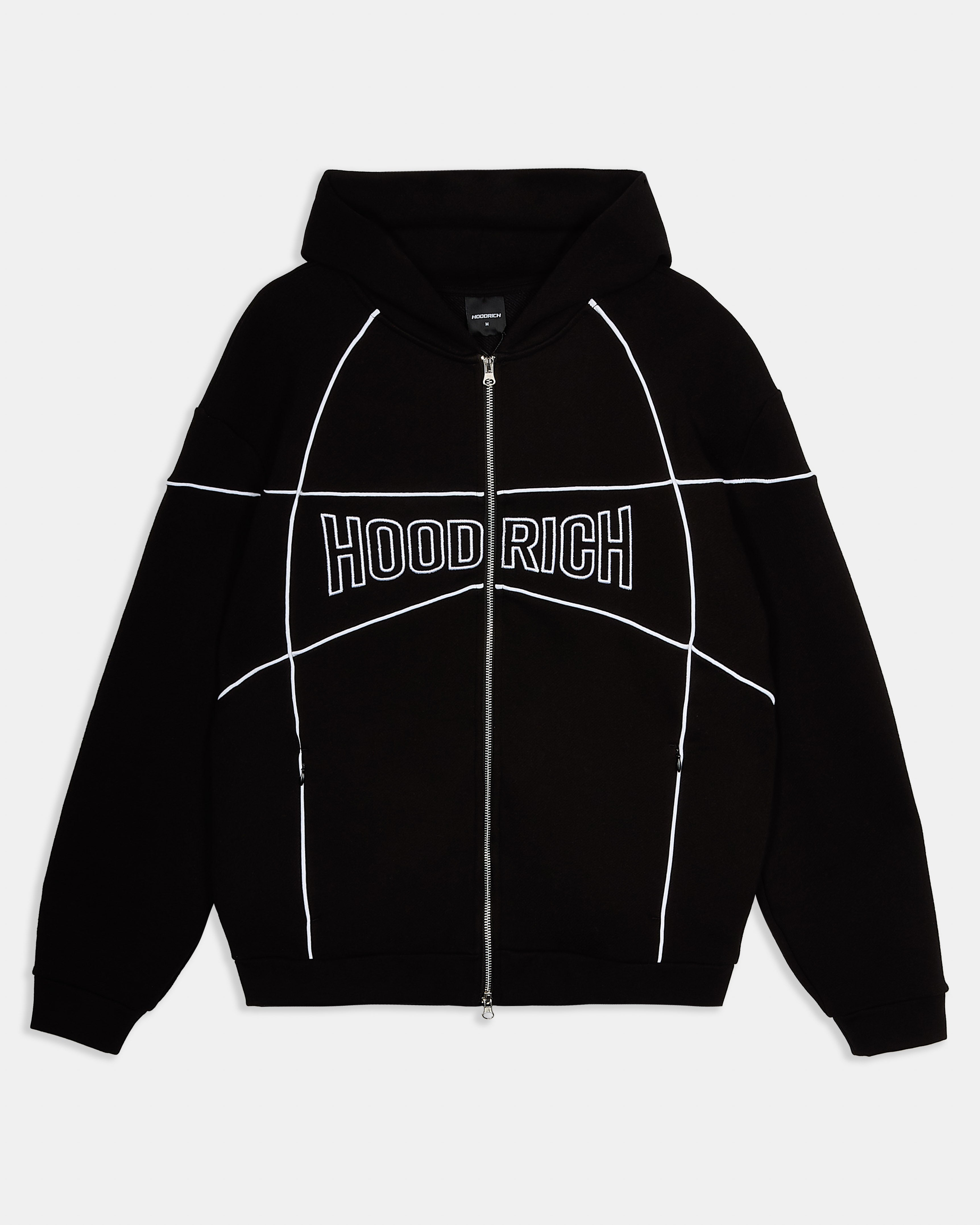 Black hoodie with 'HOODRICH' text on a light gray background