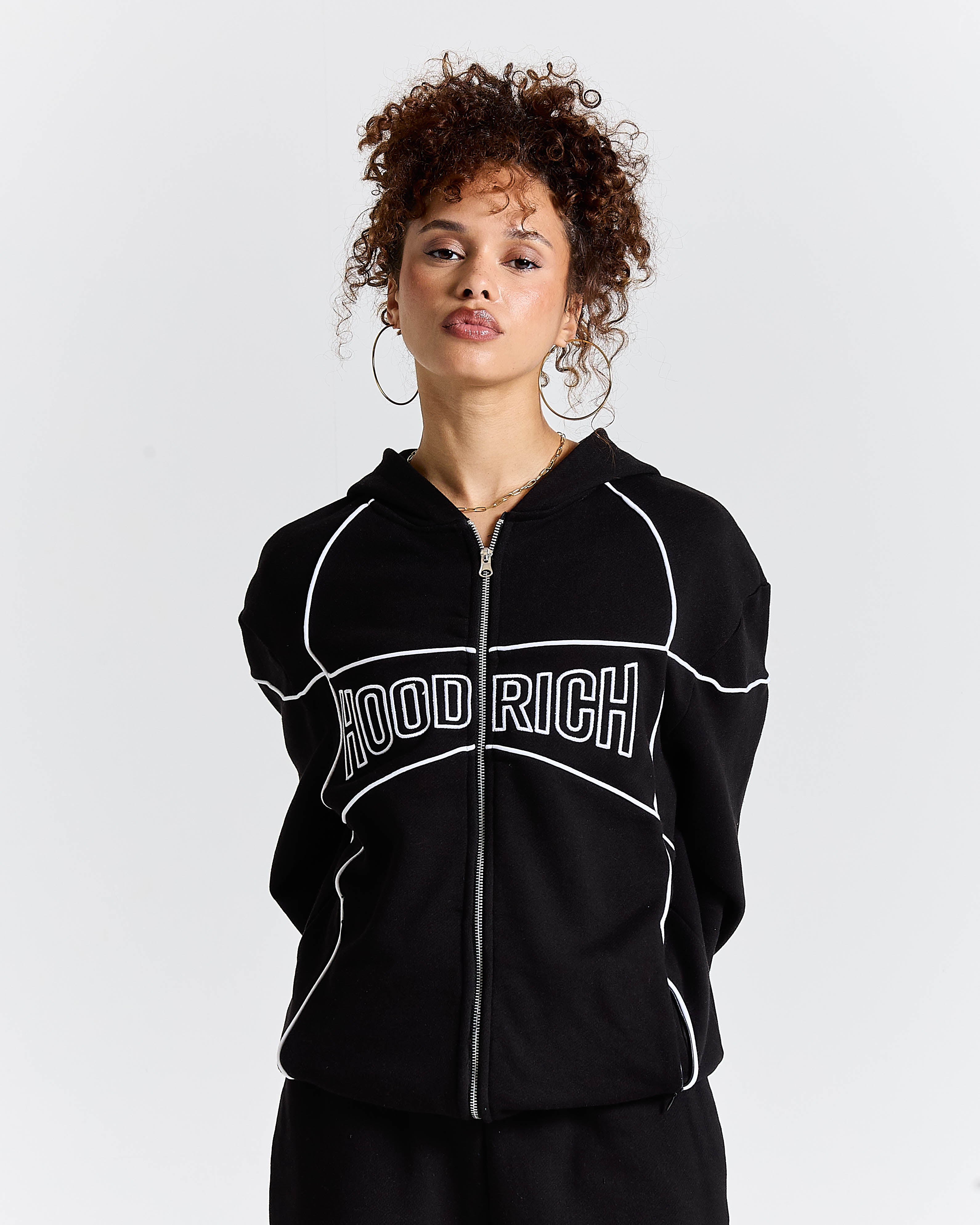 Person wearing a black hoodie with 'HOOD RICH' text on a white background