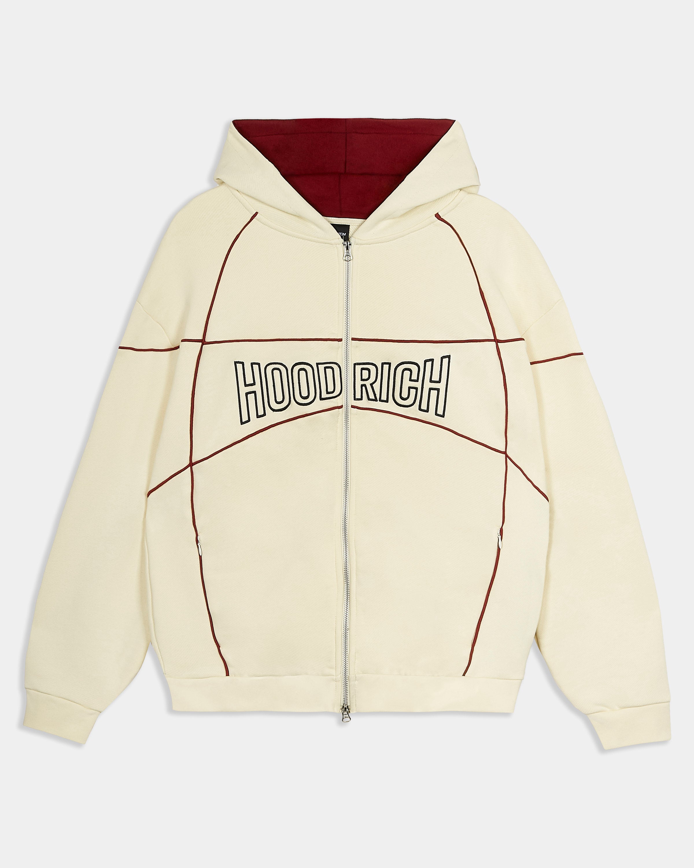 An off-white zip-up hoodie with a dark red hood lining and dark red stitched graphic lines on the front, featuring the text 'HOODRICH' across the chest.