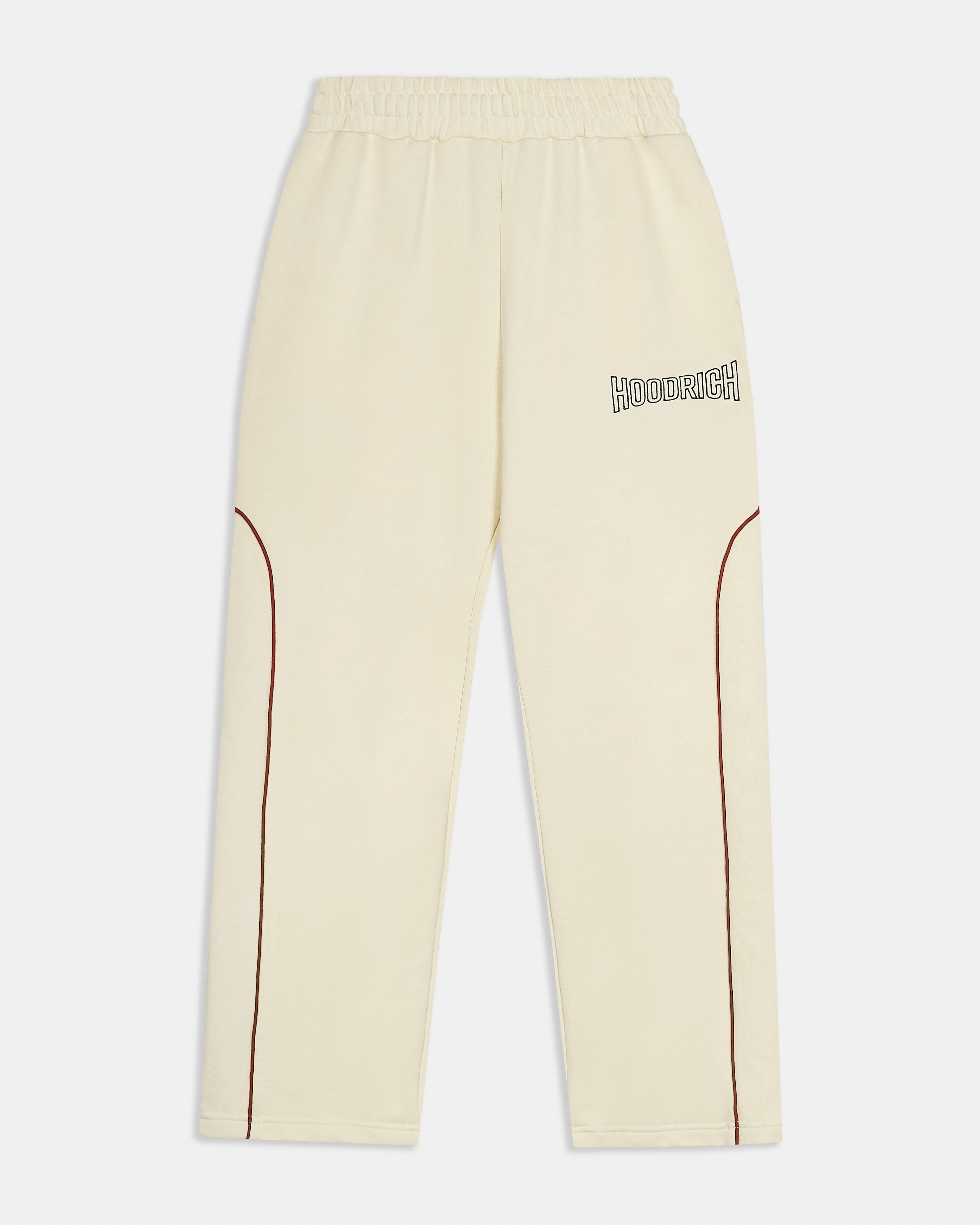 Beige pants with a brand logo on a light gray background