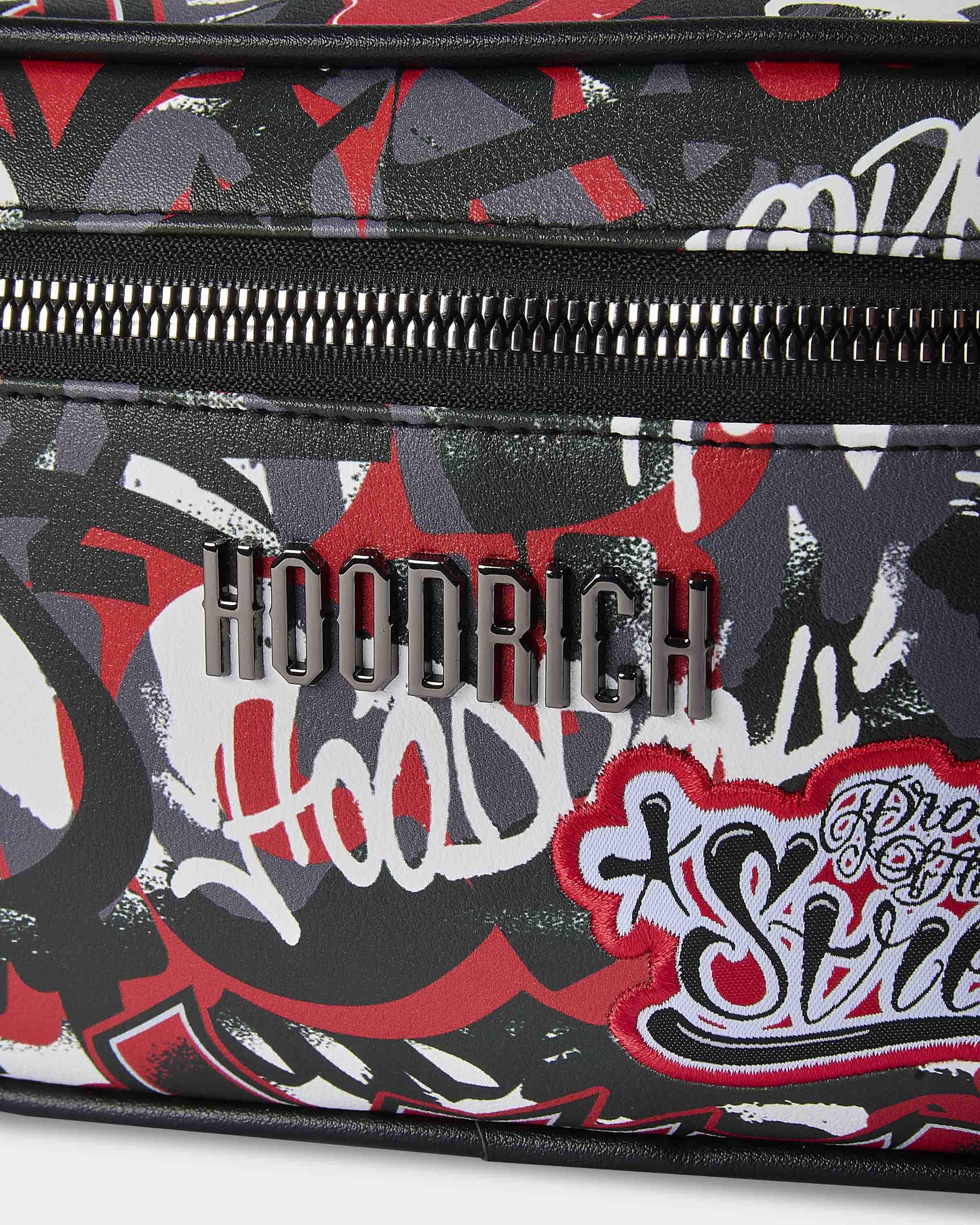 Black bag with colorful graphics and 'Hoodrich' branding on a white background