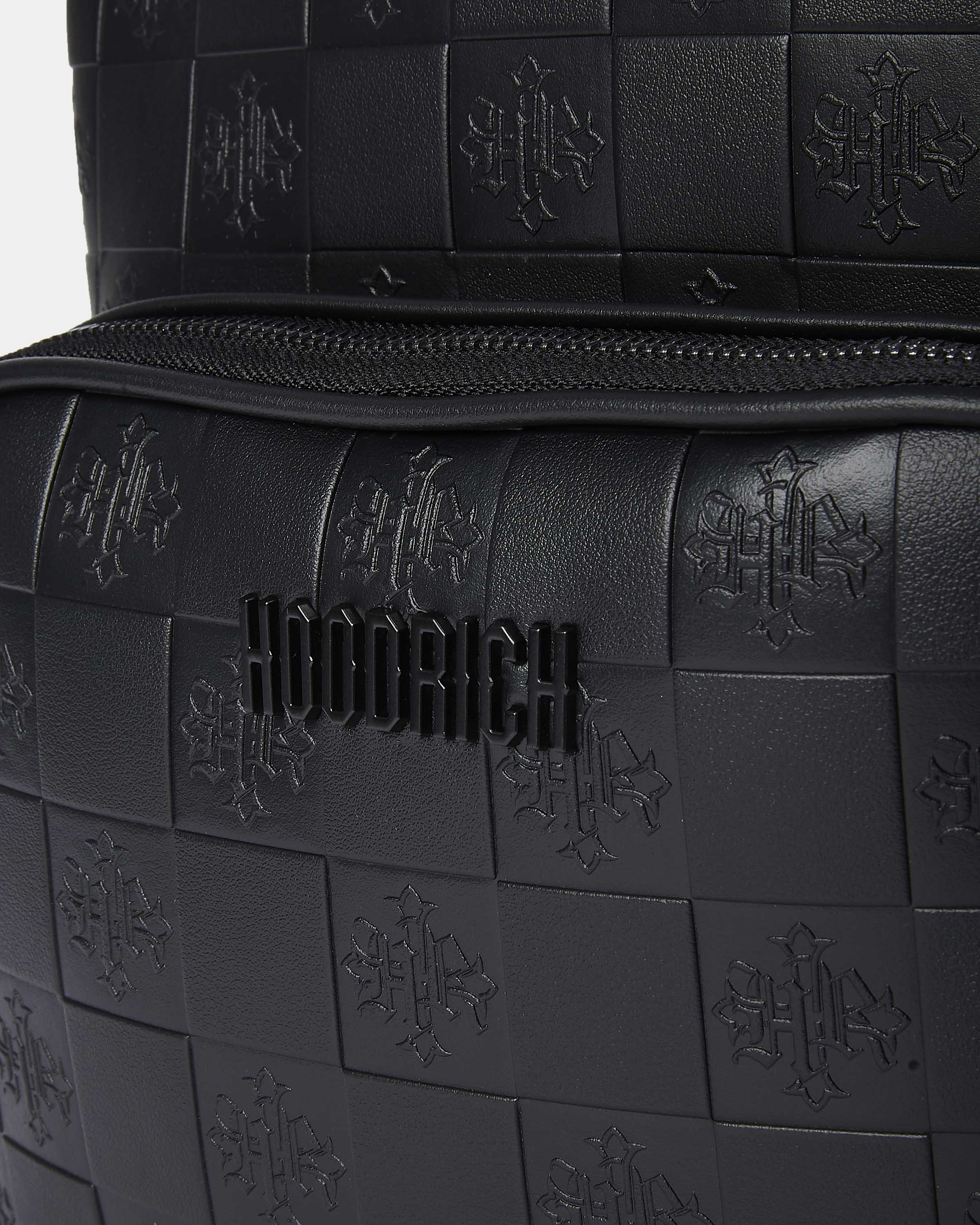Black textured backpack with a brand logo on a white background