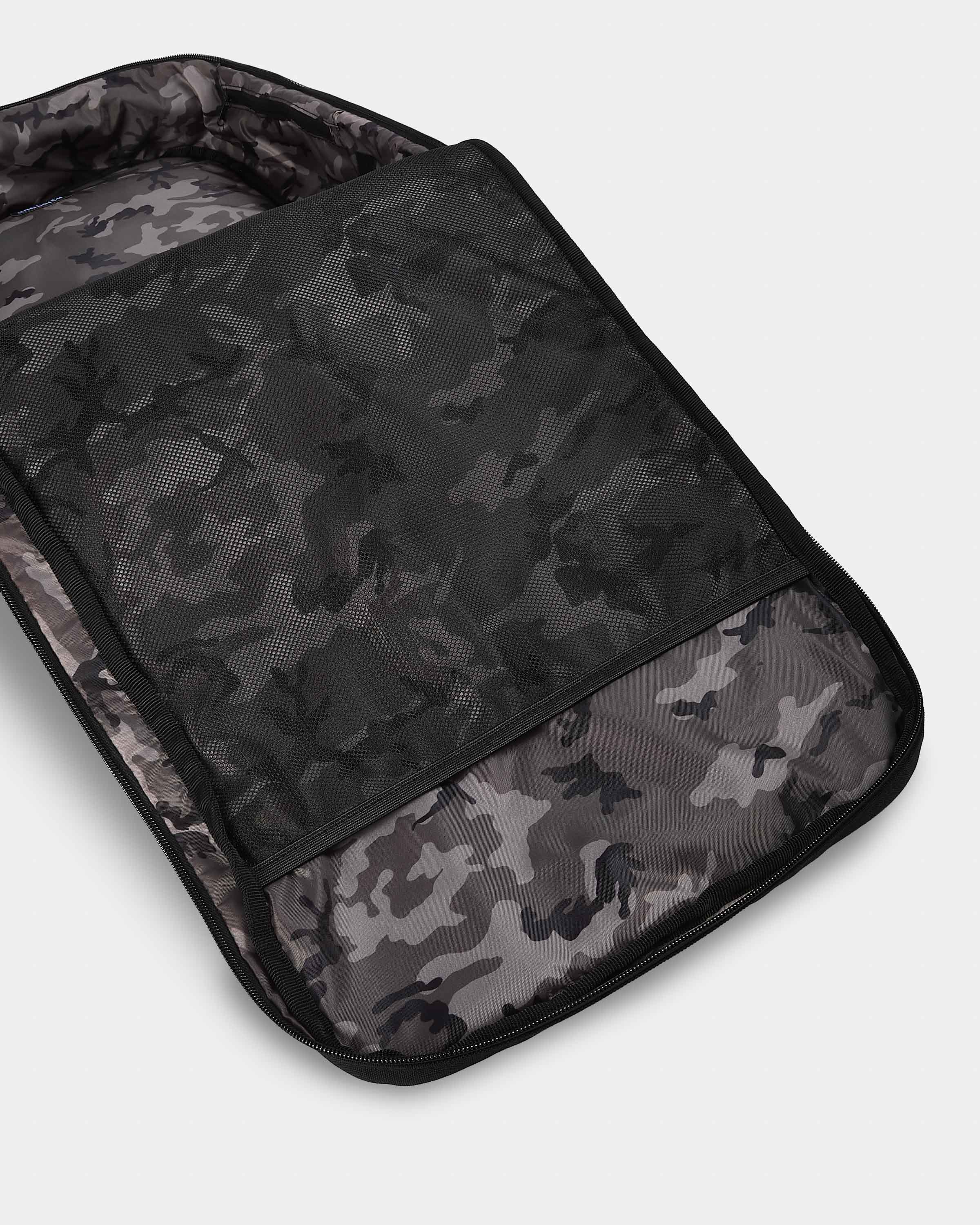 Camouflage-patterned bag on a light gray background