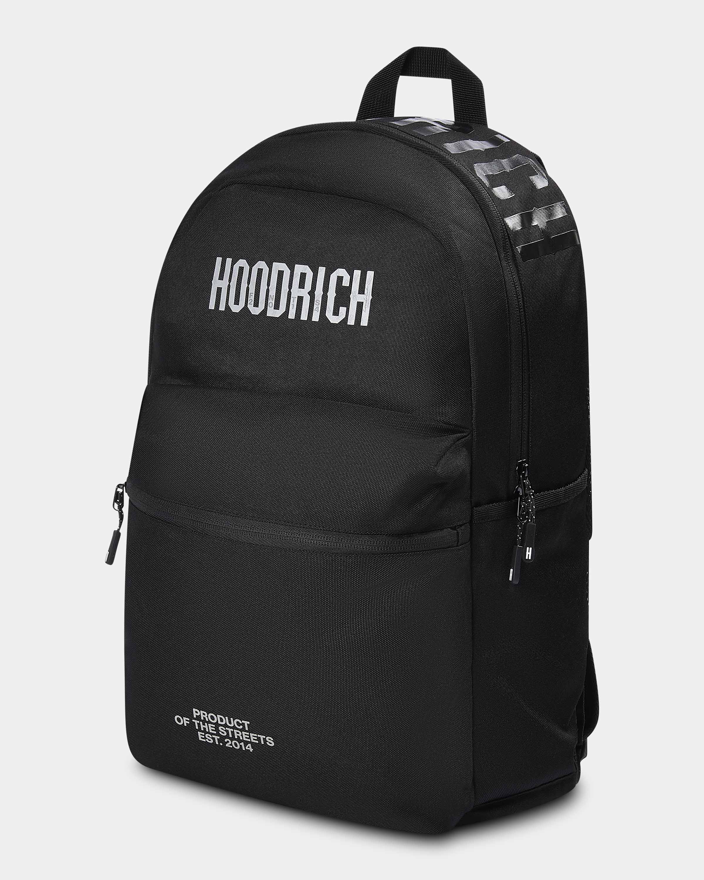 Black backpack with 'HOODRICH' branding on a light gray background