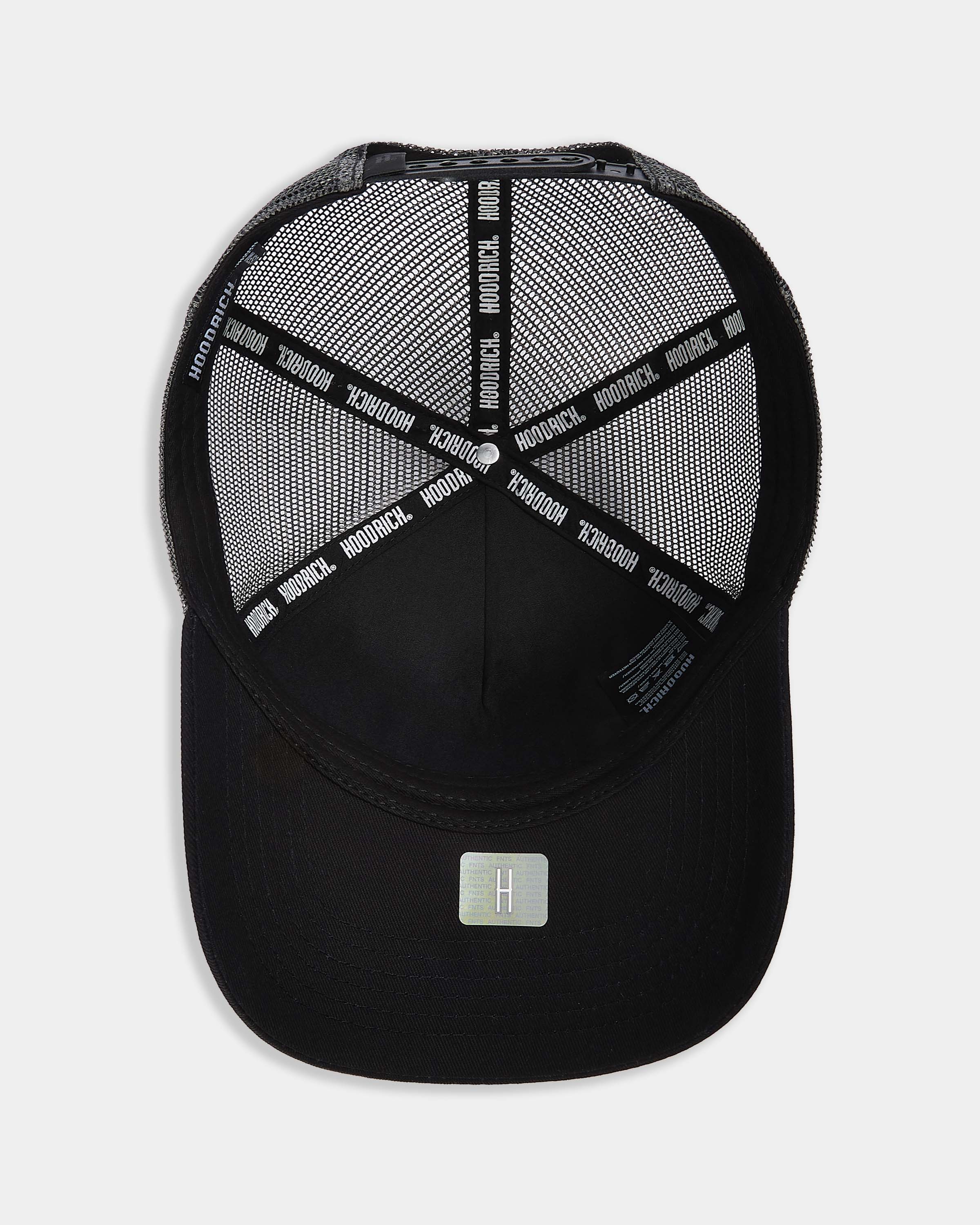 Black cap with mesh back and brand logo on a light gray background