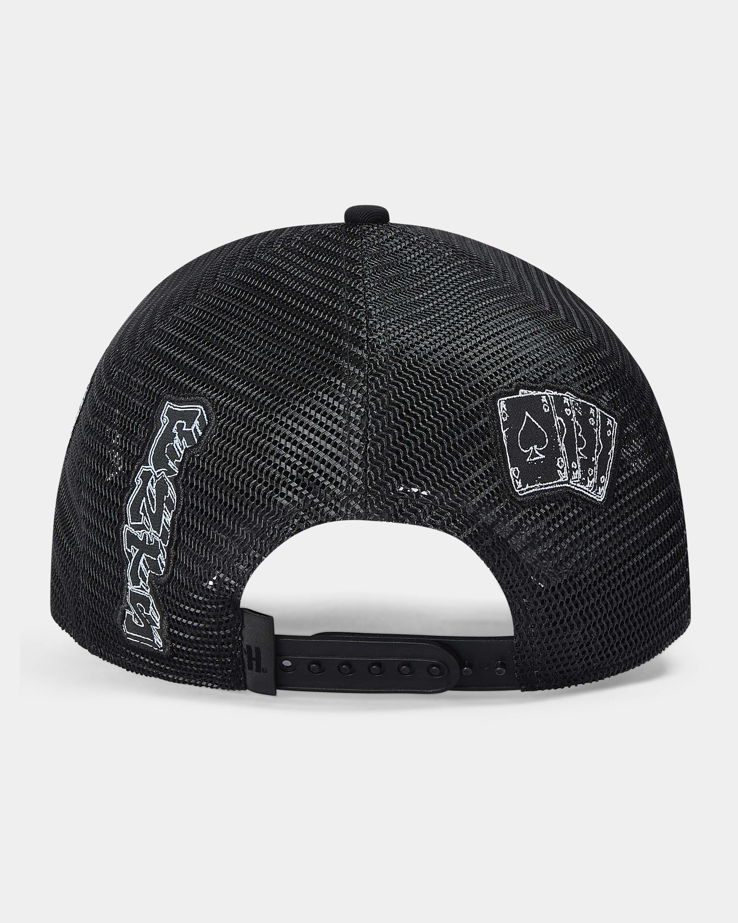 Black mesh cap with embroidered designs on a white background