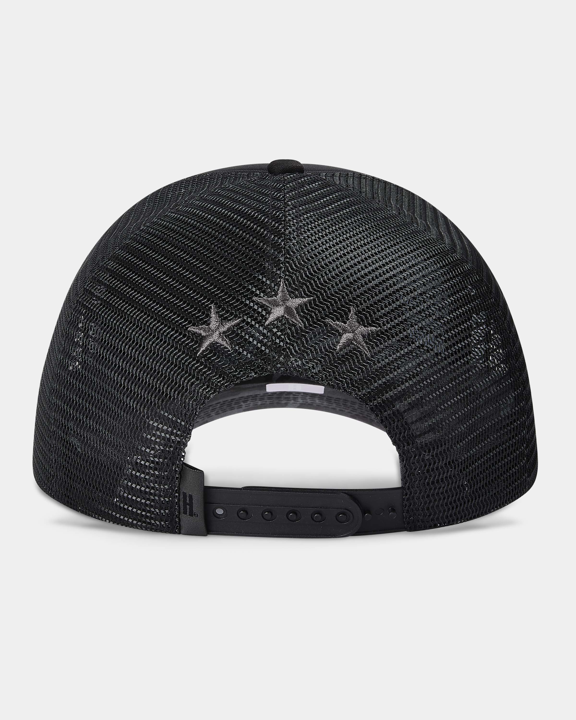Black mesh cap with star designs on a light gray background