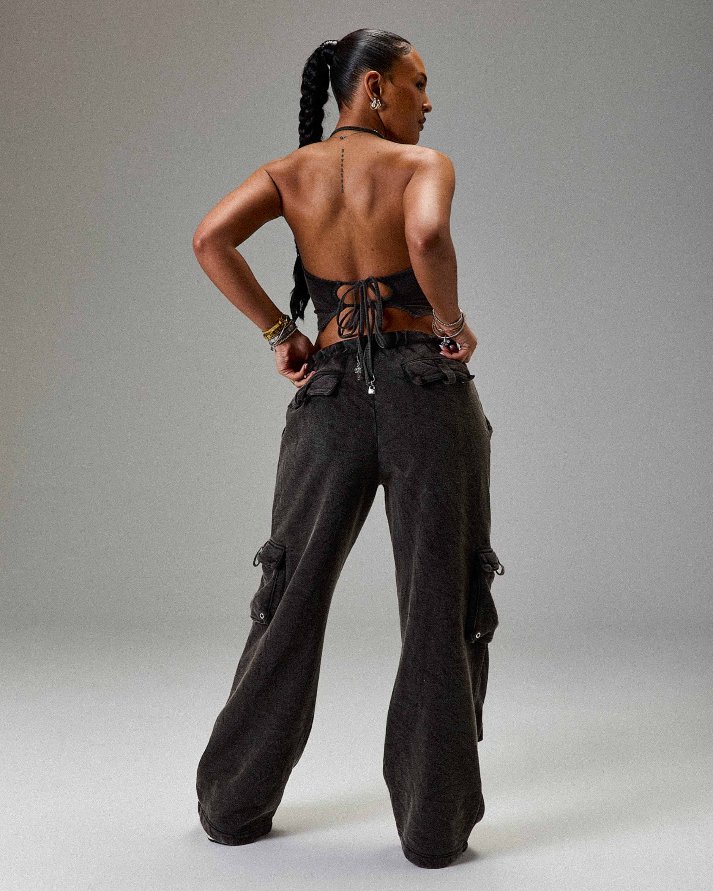The Winner's Circle Token Tie Back Halter Top - Washed Black