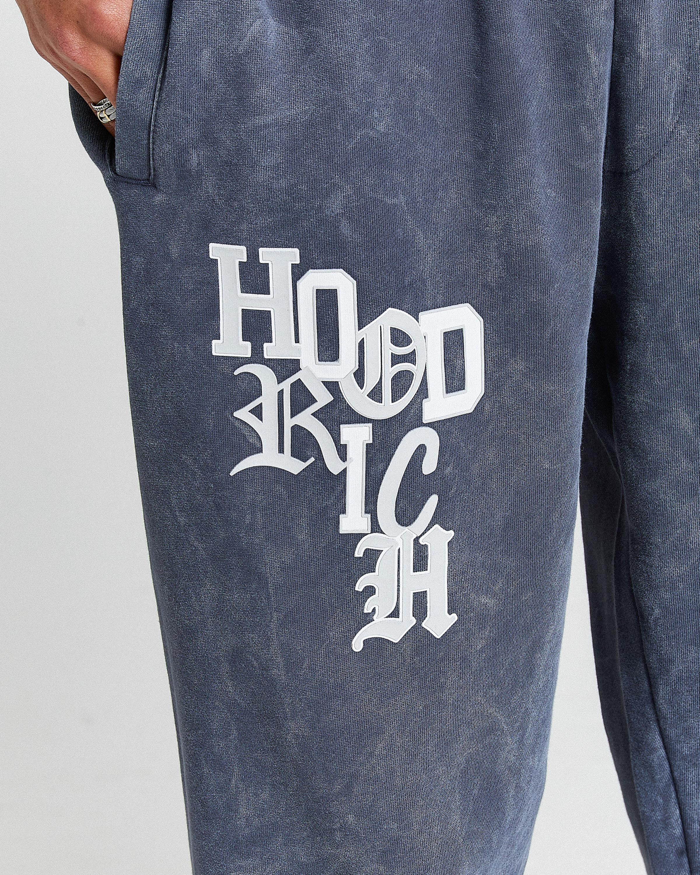 Blue sweatpants with white text on a gray background