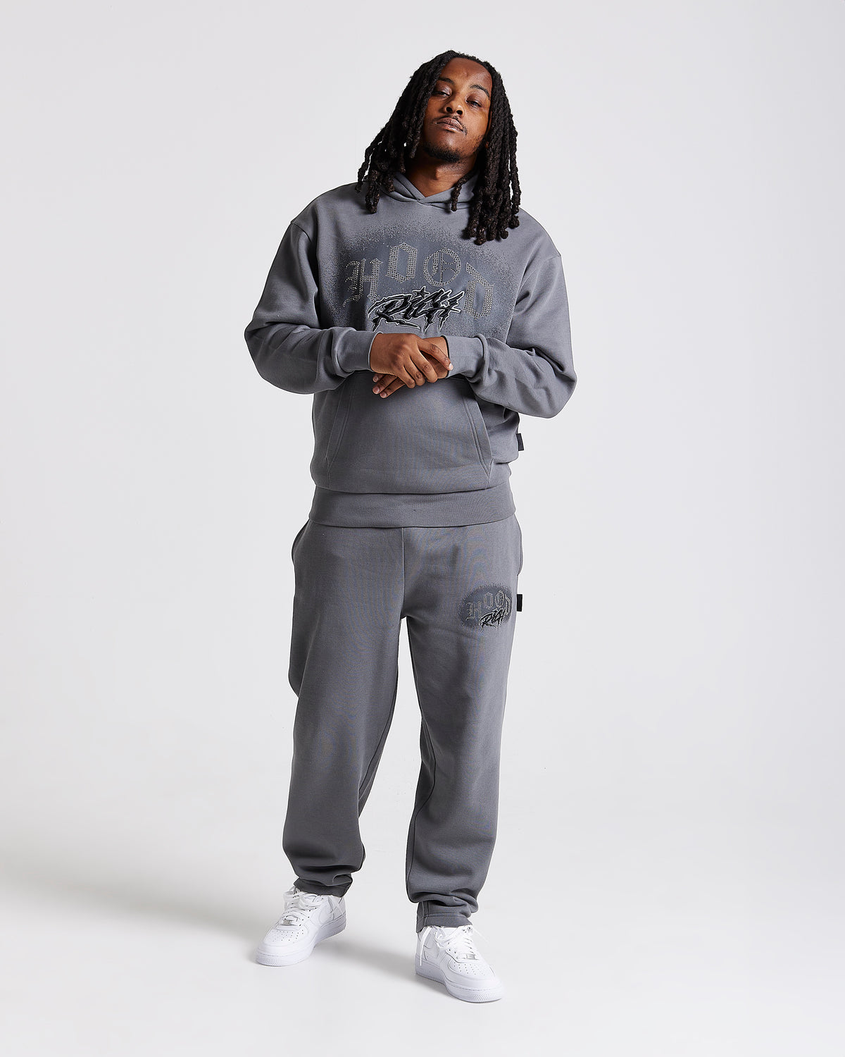Men's Iron Oversized Full Tracksuit - Grey/Rhinestones