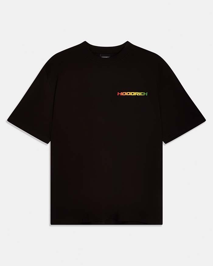 A black short-sleeve crewneck t-shirt with a small multicolor 'HOODRICH' logo printed on the left chest, displayed on a clean light gray background.