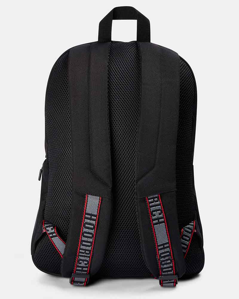 Black mesh backpack shown from the back, featuring padded shoulder straps with 'HOODRICH' branding and red trim.