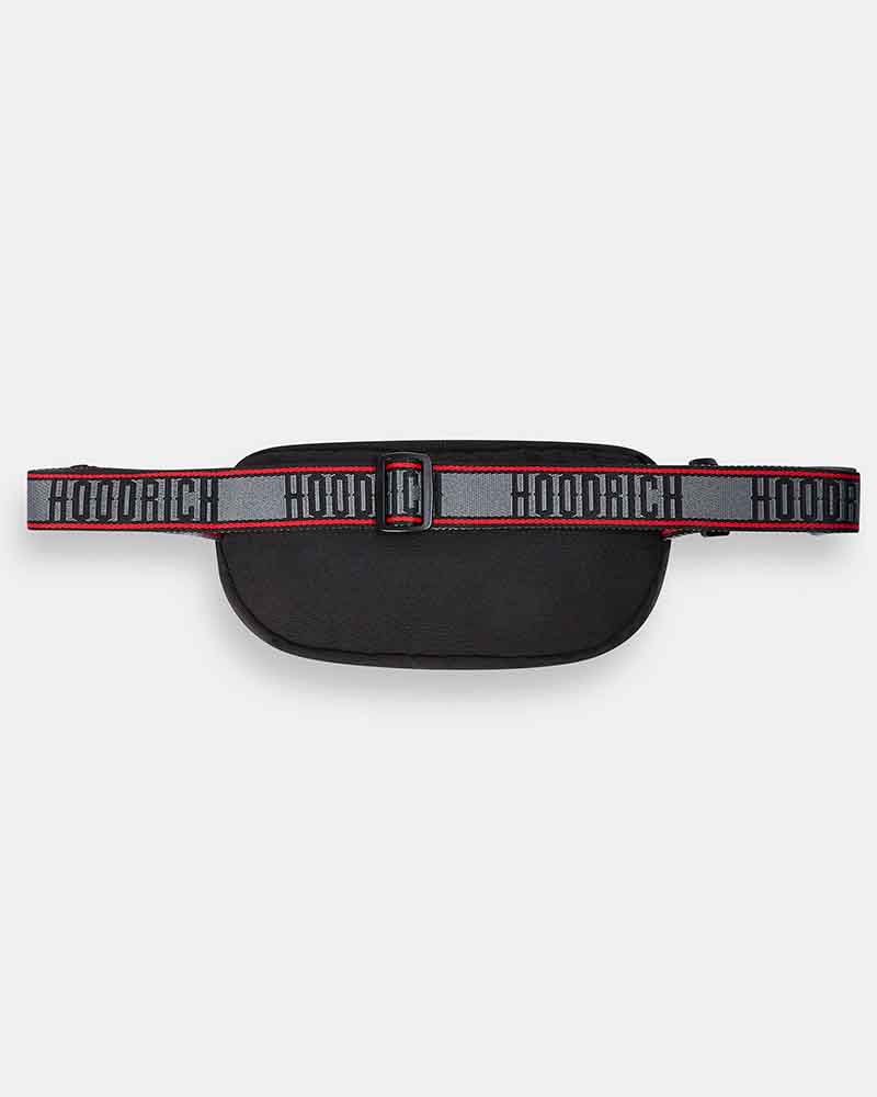 A black cross body bag with a wide gray and black patterned strap featuring the brand name 'HOODRICH' repeated, outlined in red.