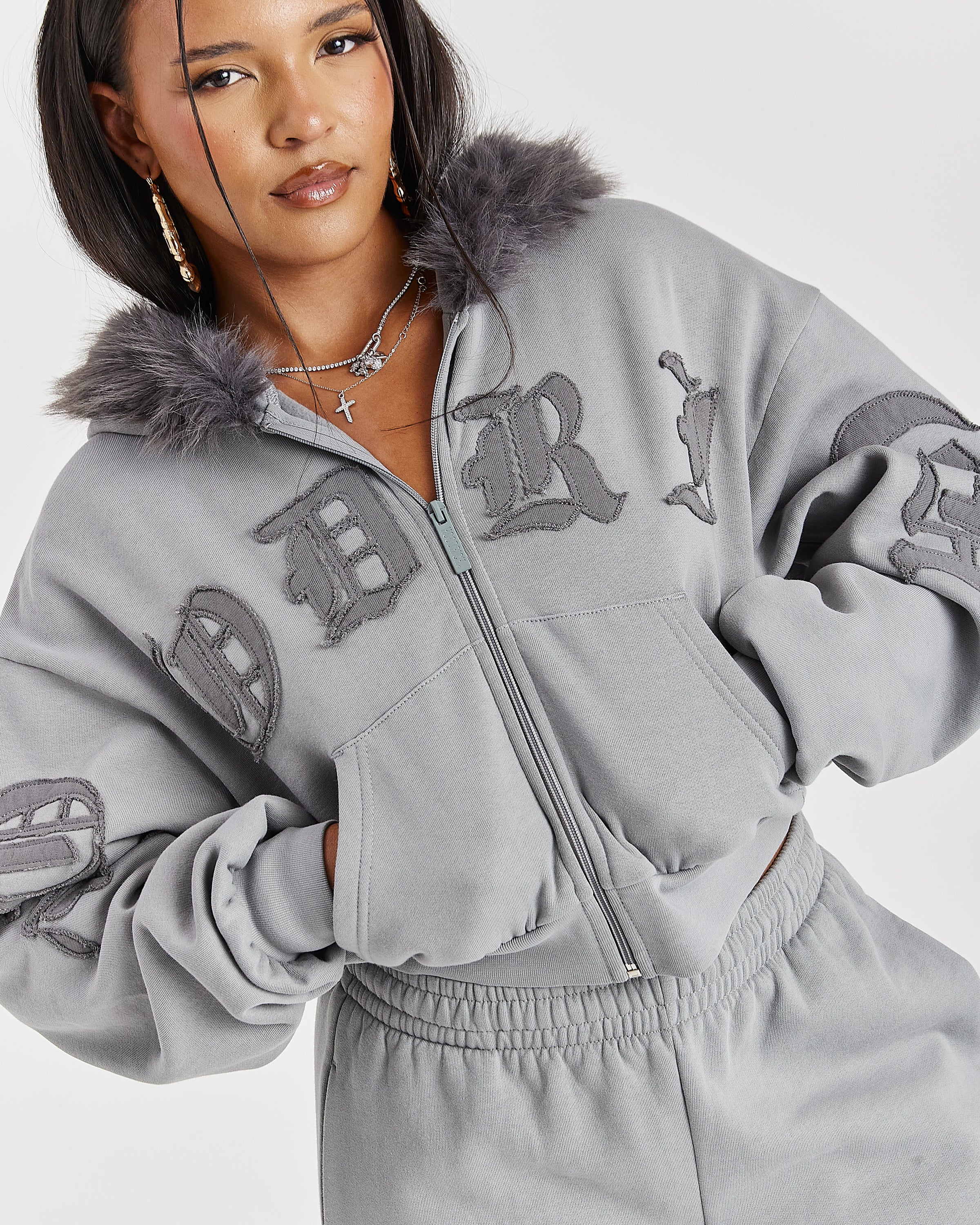Drea Faux Fur Cropped Boxy Hoodie - Grey