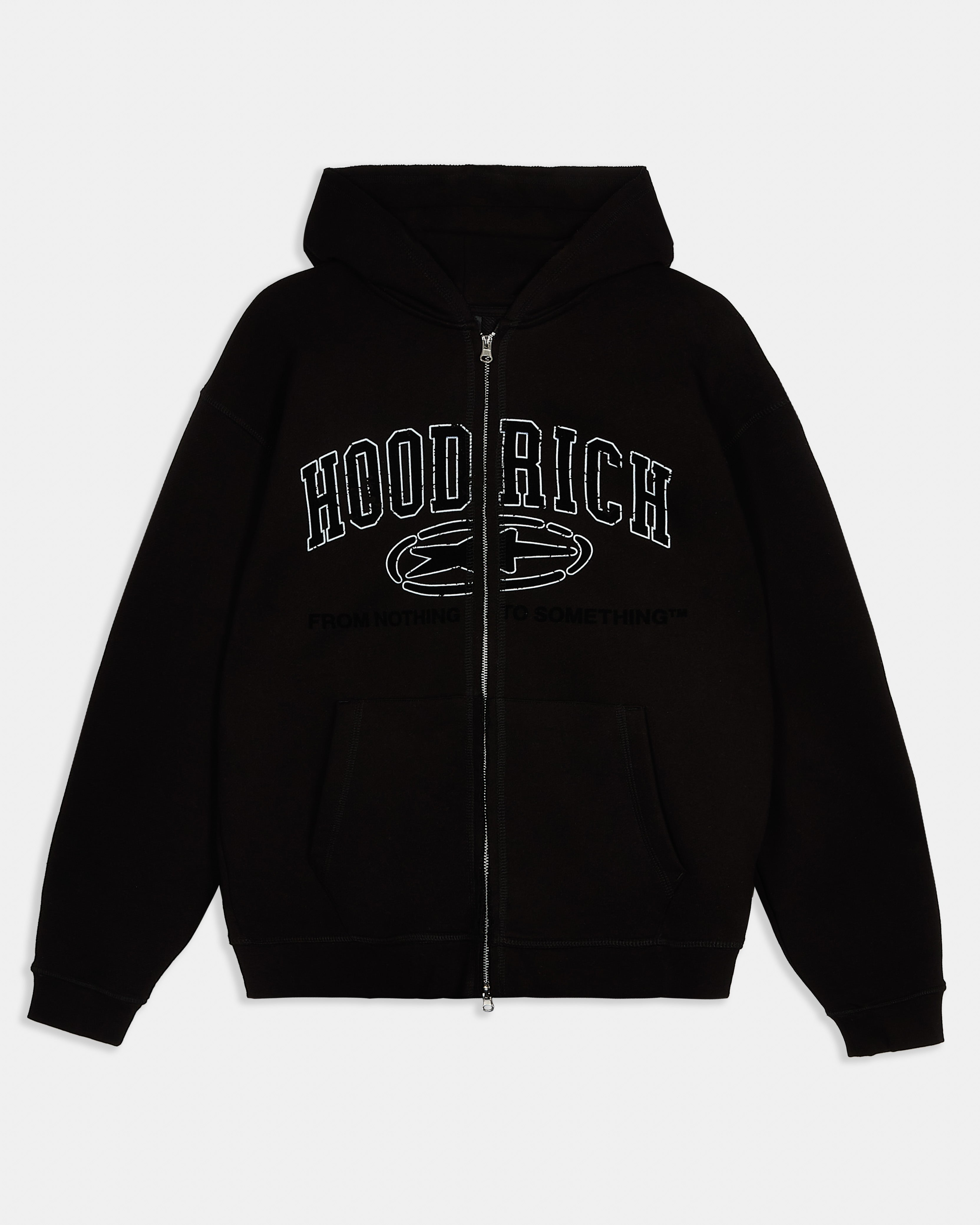 Black hoodie with 'HOODRICH' text on a white background