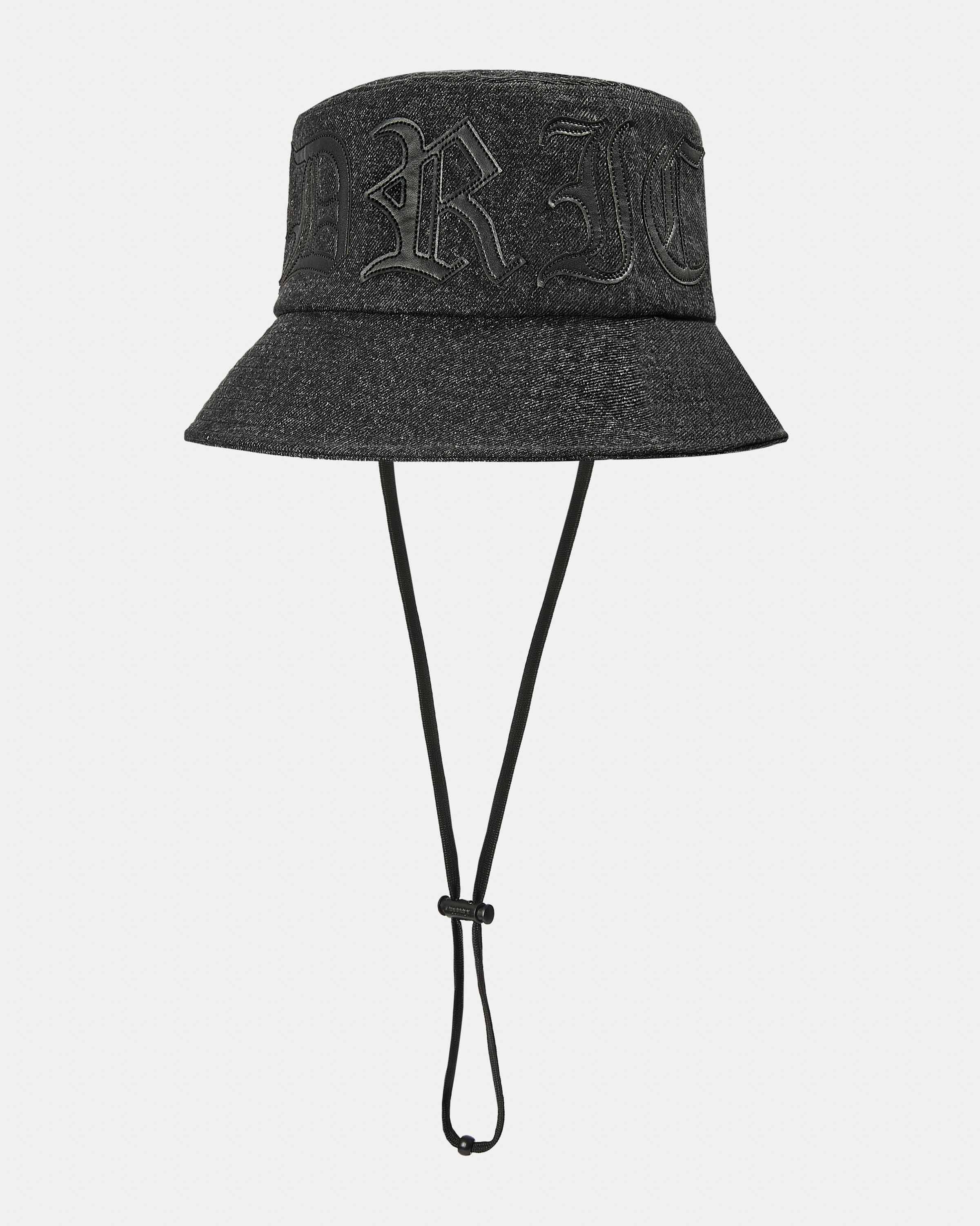 Denim bucket hat with applique PU logo saying 'Hoodrich'