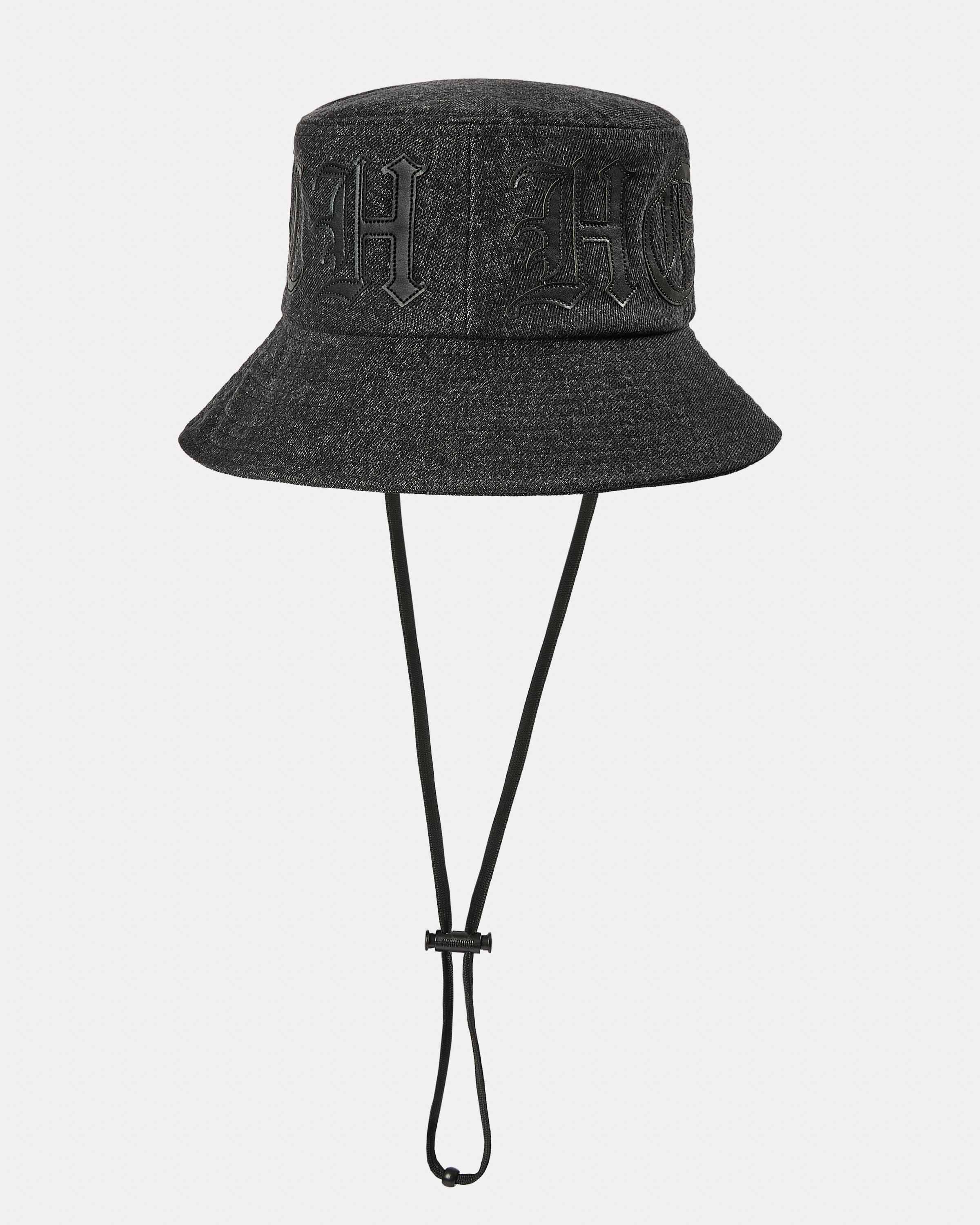 Denim bucket hat with applique PU logo saying 'Hoodrich' with a chin strap