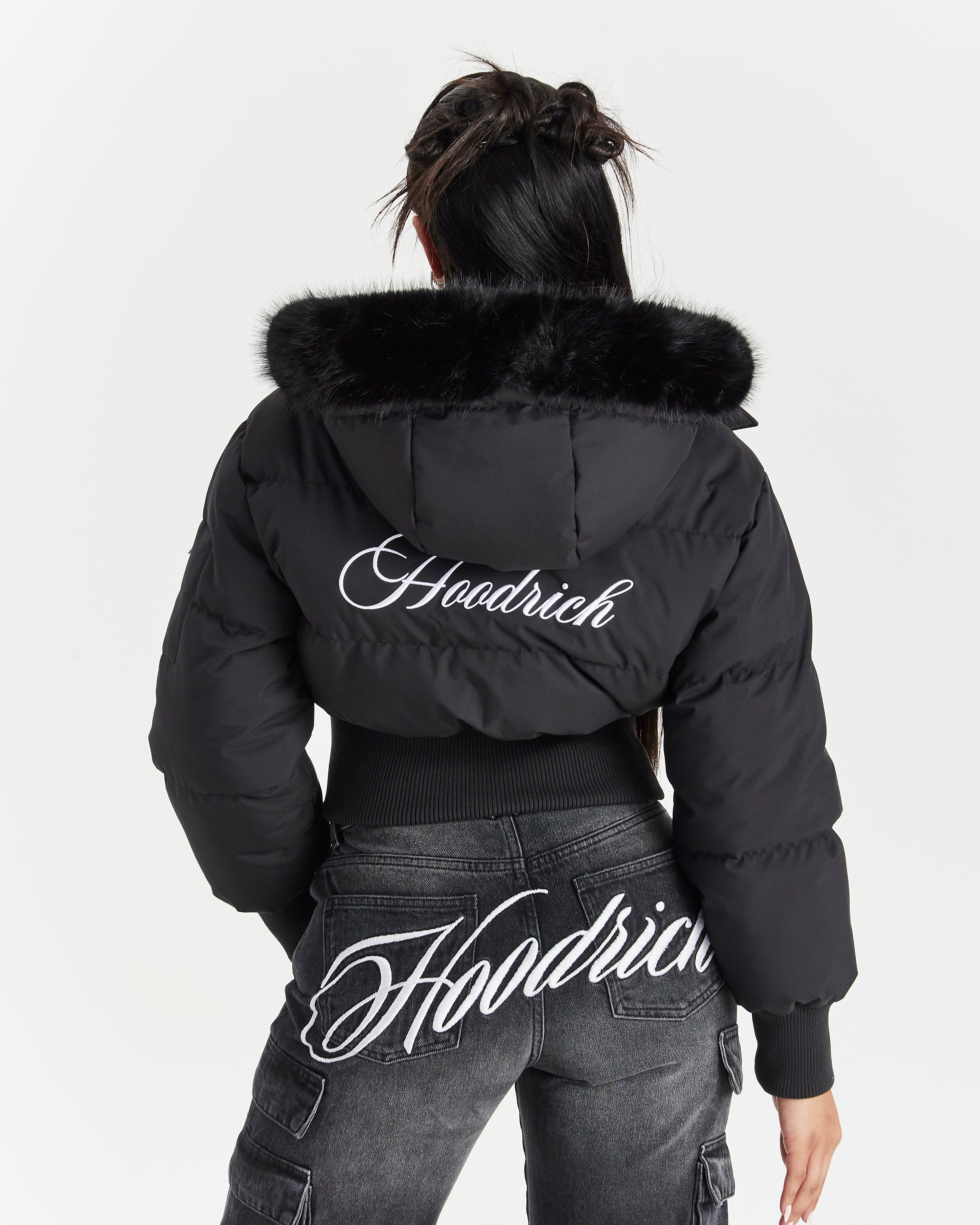 Black Puffer Jacket With Fur Hood Short Black Puffer Coat