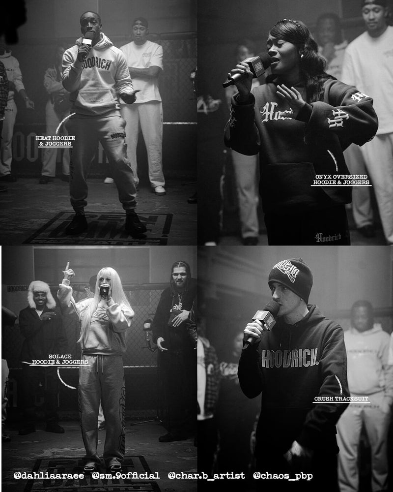 A black and white four-panel collage showing multiple people performing on stage and holding microphones.