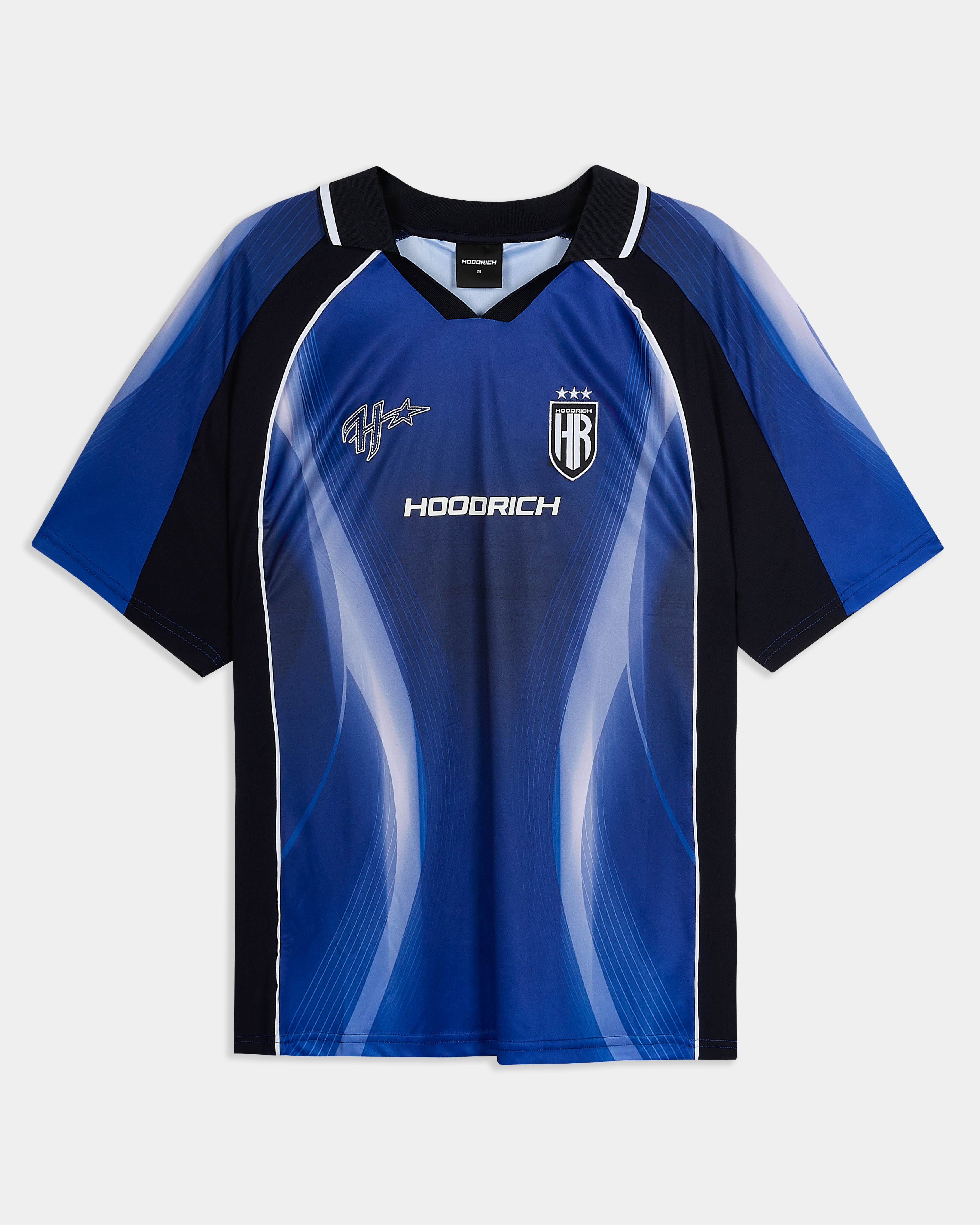 Blue and black sports jersey with 'Hoodrich' branding on a white background