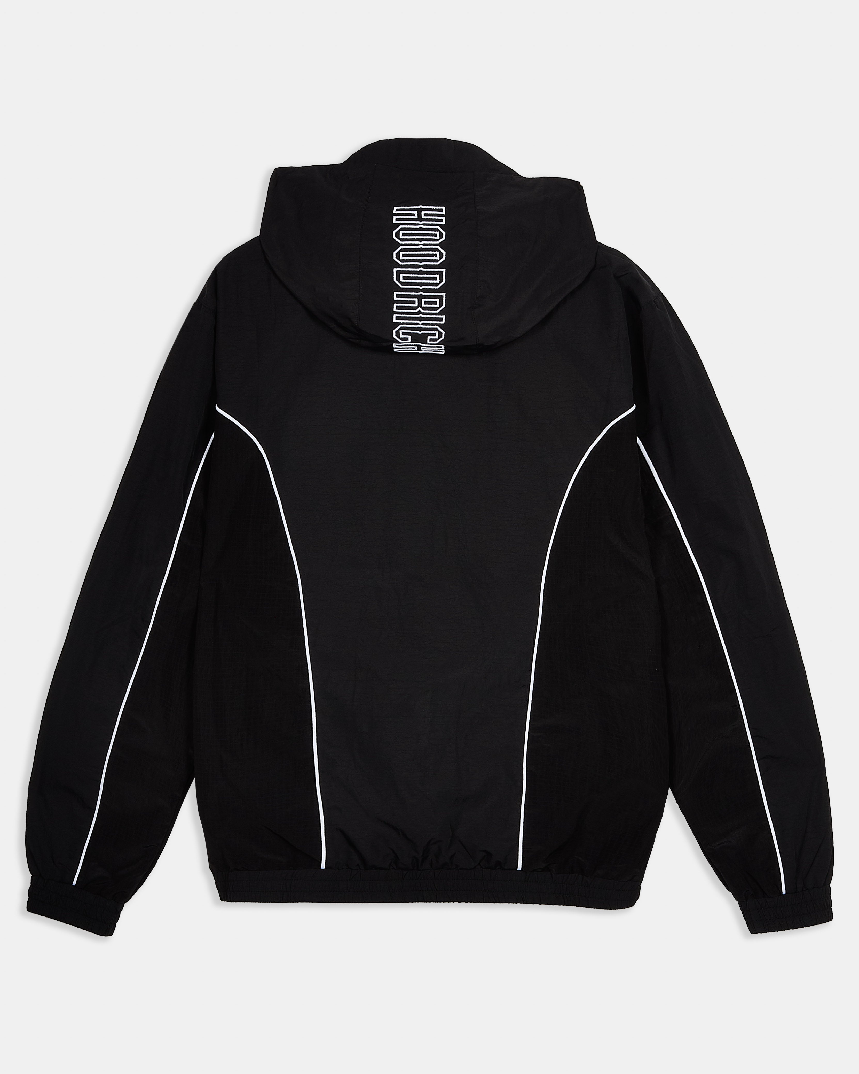 Black hoodie with white accents on a light gray background