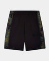 Black camouflage athletic shorts with a subtle tonal logo on the lower right leg, displayed against a light gray background.