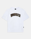 A white short-sleeve crewneck t-shirt featuring the word 'HOODRICH' printed in an arched, camouflage-patterned font across the chest, displayed on a light gray background.