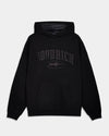 A black pullover hoodie with a tonal dark gray 'HOODRICH' logo printed on the chest, displayed against a light gray background.