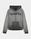 A gray zip-up hoodie with a black gradient hood and cuffs, featuring a large 'Hooshtech' logo printed across the chest, displayed on a light gray background.