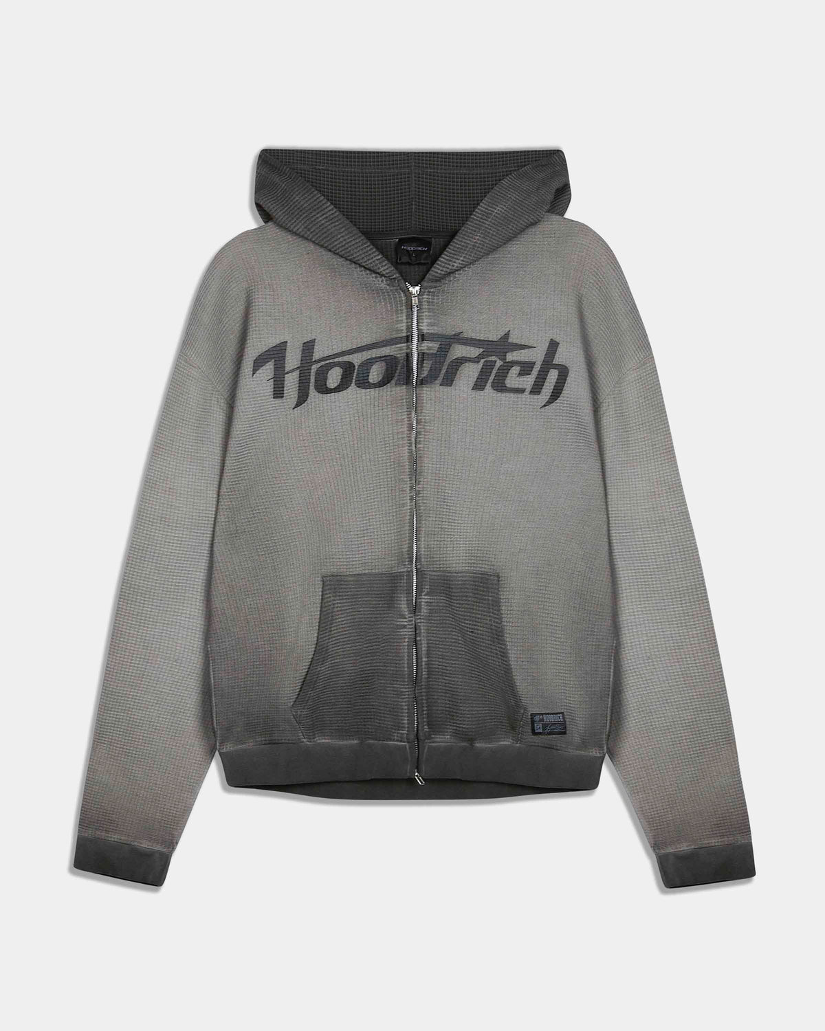 A gray zip-up hoodie with a black gradient hood and cuffs, featuring a large 'Hooshtech' logo printed across the chest, displayed on a light gray background.