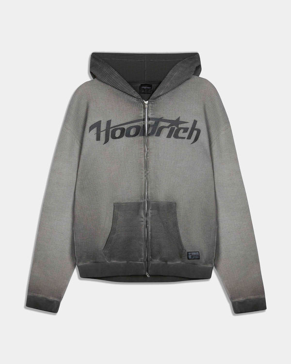 A gray zip-up hoodie with a black gradient hood and cuffs, featuring a large 'Hooshtech' logo printed across the chest, displayed on a light gray background.
