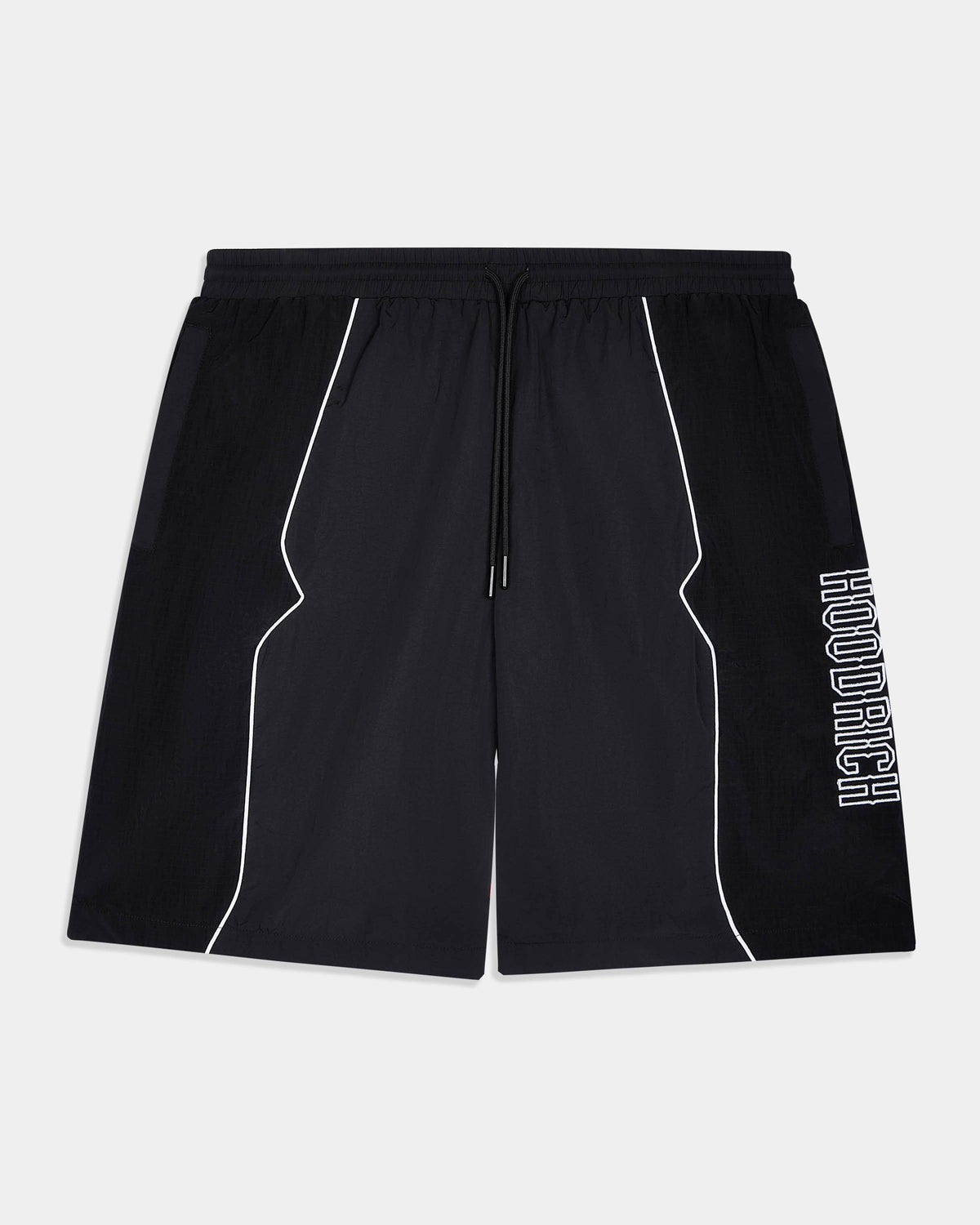 Black athletic shorts with white cotrast piping and a vertical white 'HOODRICH' logo on the left leg, shown flat against a light gray background.