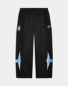 Black athletic sweatpants with white printed graphics on the upper thighs and light blue starburst shapes on the lower legs, shown flat against a light gray background.