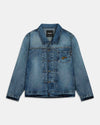 A blue denim jacket from the brand Suits for Men, featuring a button-up front, pointed collar, and a small embroidered logo on the chest pocket, displayed on a light gray background.