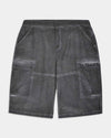 A pair of dark gray washed corduroy cargo shorts with a visible 'Hoodrich' logo on the right pocket, displayed flat against a light gray background.