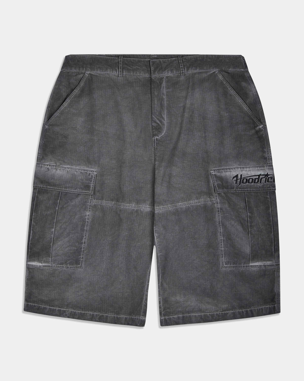 A pair of dark gray washed corduroy cargo shorts with a visible 'Hoodrich' logo on the right pocket, displayed flat against a light gray background.