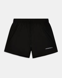Black athletic shorts with a drawstring waist and a small white HOODRICH logo on the lower right leg, shown against a light gray background.