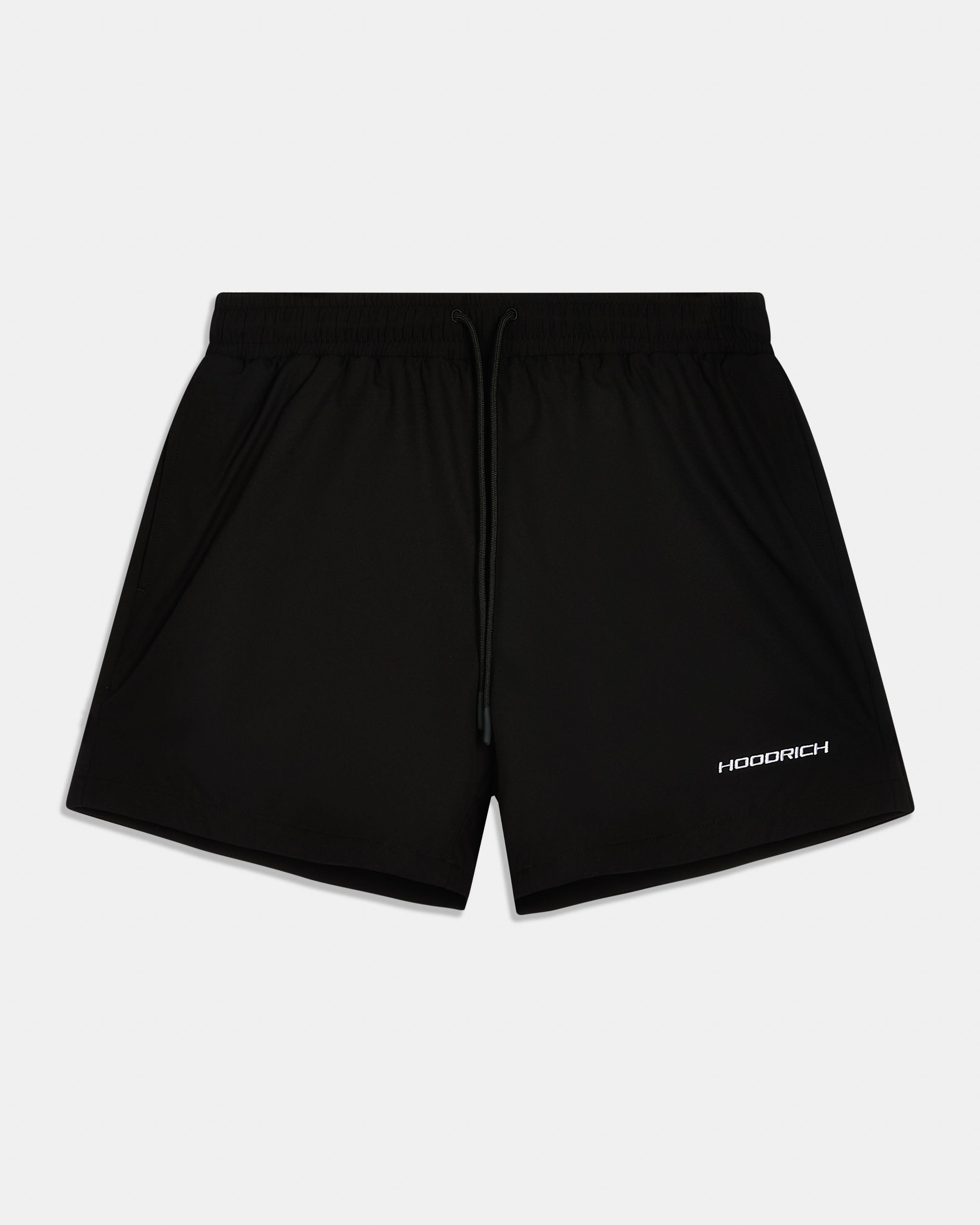 Black athletic shorts with a drawstring waist and a small white HOODRICH logo on the lower right leg, shown against a light gray background.