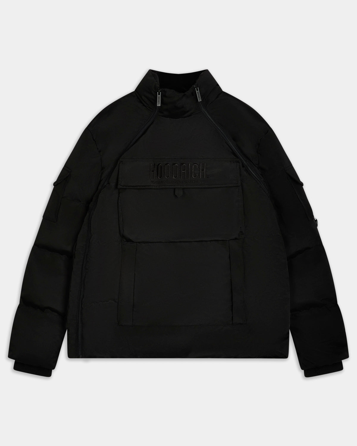 A black puffer jacket with a high collar, zippered front, and a tonal embroidered logo on the chest, displayed flat against a light gray background.