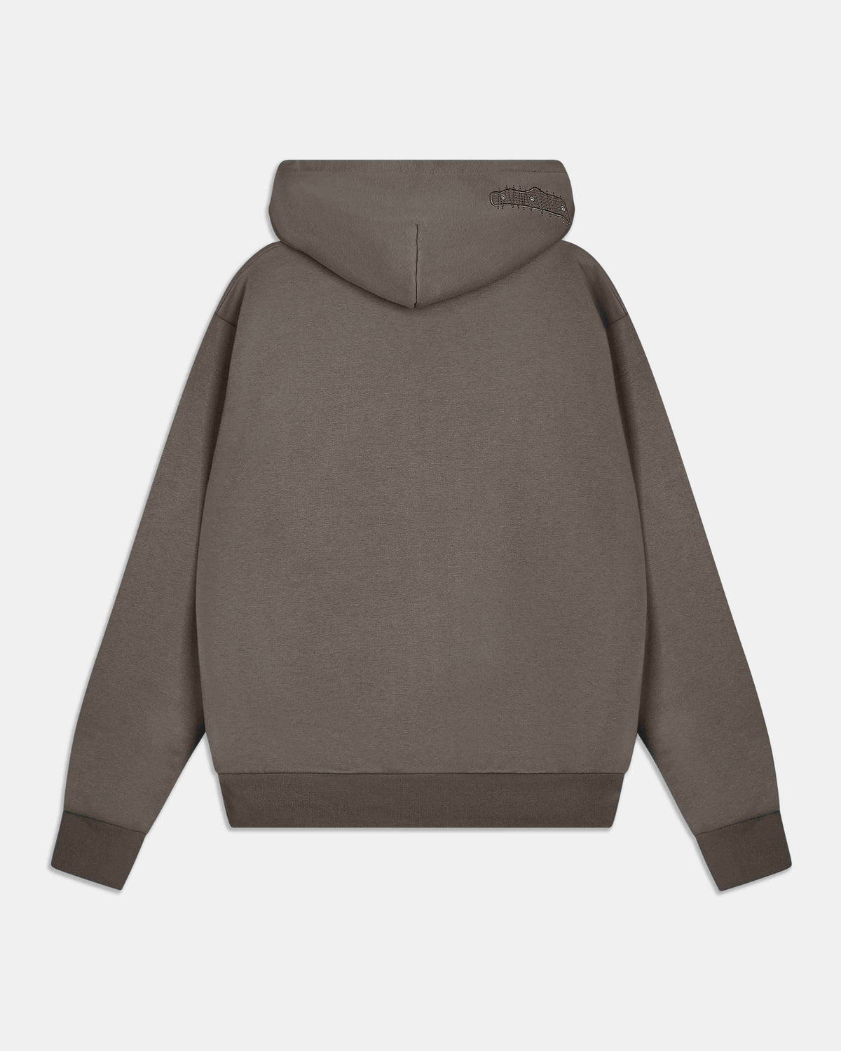 A dark taupe-brown hoodie shown from the back, featuring a small tonal embroidered logo on the upper right shoulder, displayed against a light gray background.